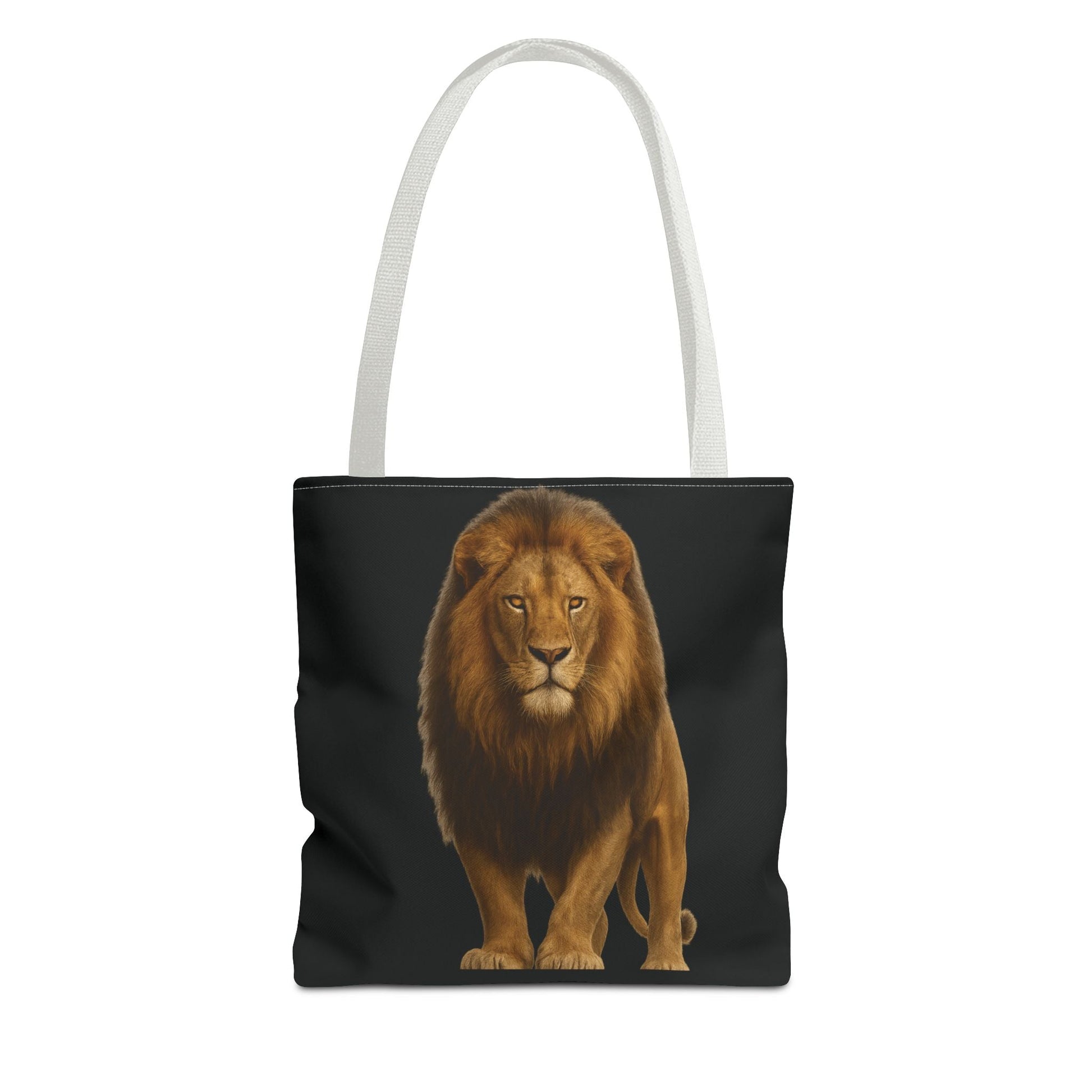 Mashafrica black tote bag with realistic standing lion print on front and white shoulder straps