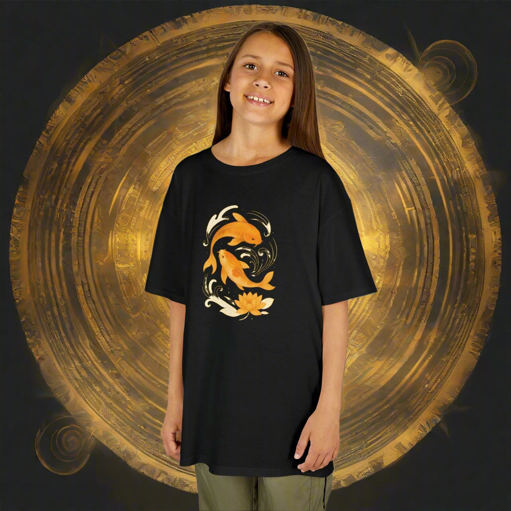 Mashafrica kids black oversized tee with orange koi fish and lotus graphic worn by smiling girl against gold backdrop