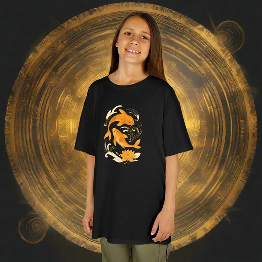 Mashafrica kids black oversized tee with orange koi fish and lotus graphic worn by smiling girl against gold backdrop