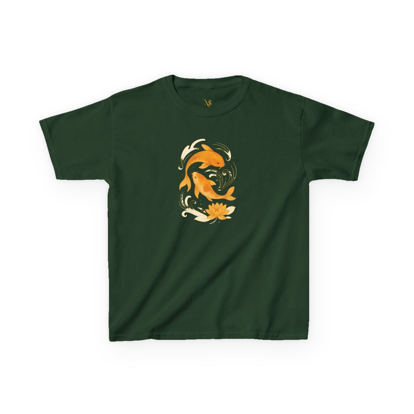 Mashafrica dark green kids t shirt with orange koi fish and lotus floral graphic on front