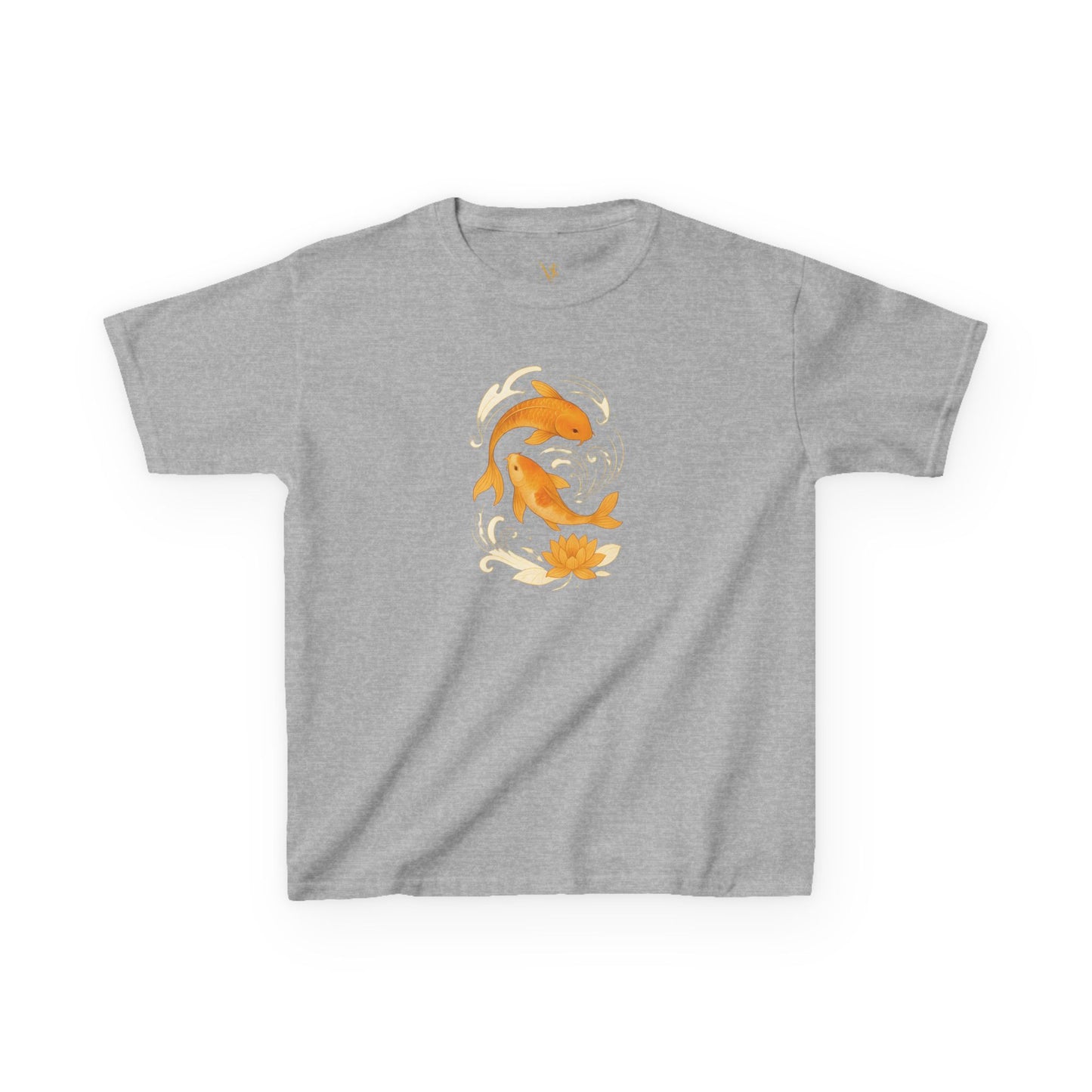 Mashafrica grey short sleeve kids tee with orange koi fish and lotus graphic on front