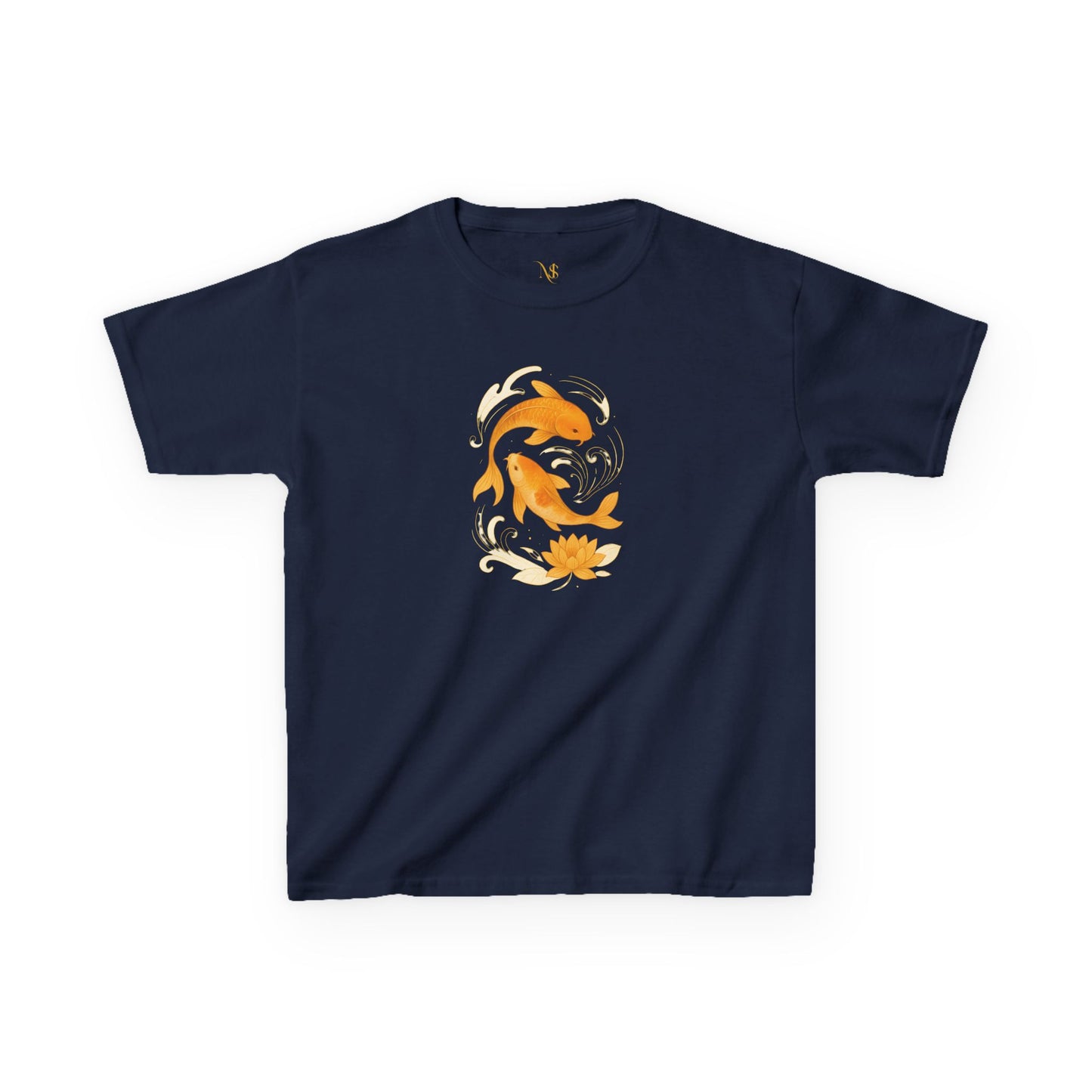 Mashafrica navy blue kids tee with orange koi fish and lotus floral print centered on chest