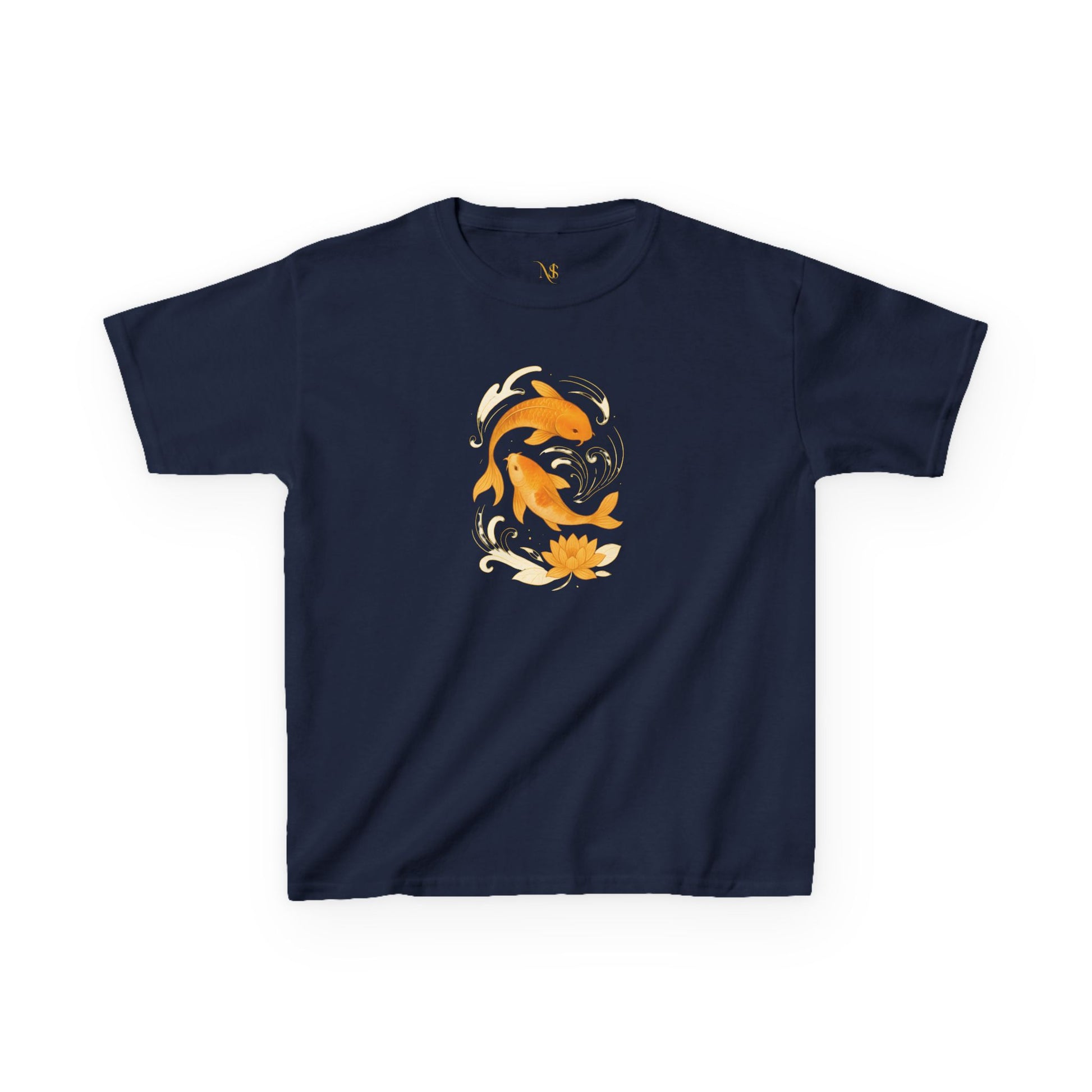 Mashafrica navy blue kids tee with orange koi fish and lotus floral print centered on chest