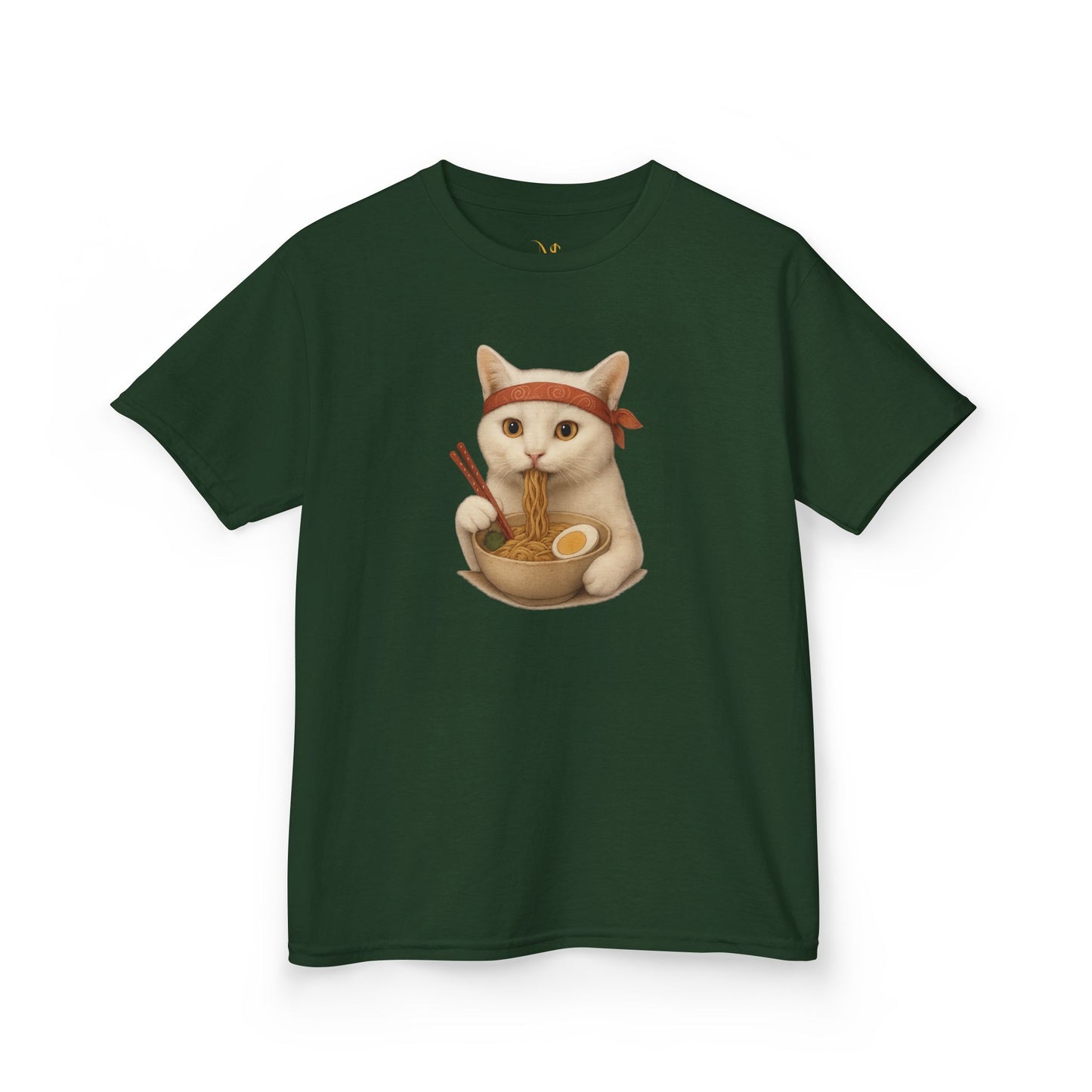 Mashafrica kids green t shirt featuring a ninja cat eating ramen with red headband