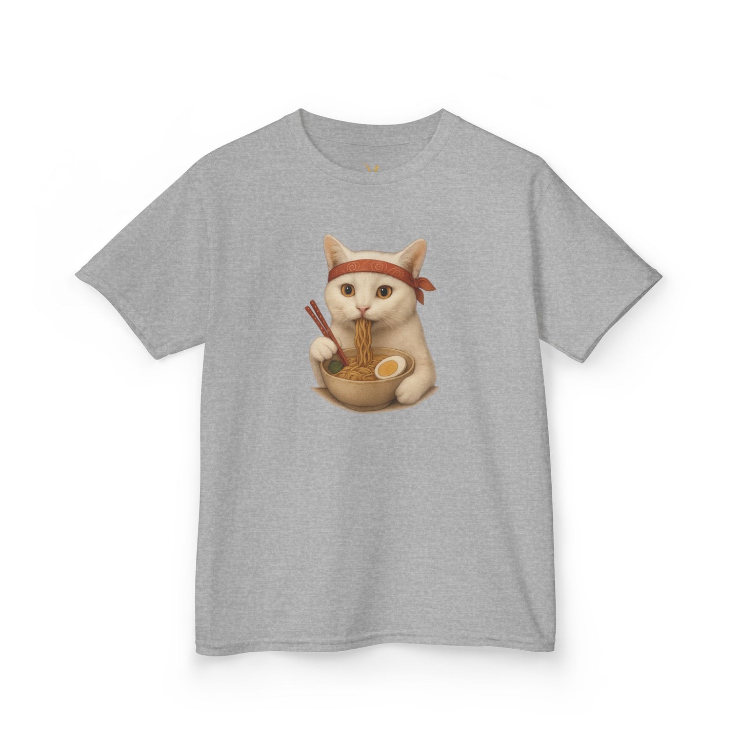 Mashafrica kids gray T shirt with a cute cat wearing a ninja headband eating ramen bowl graphic