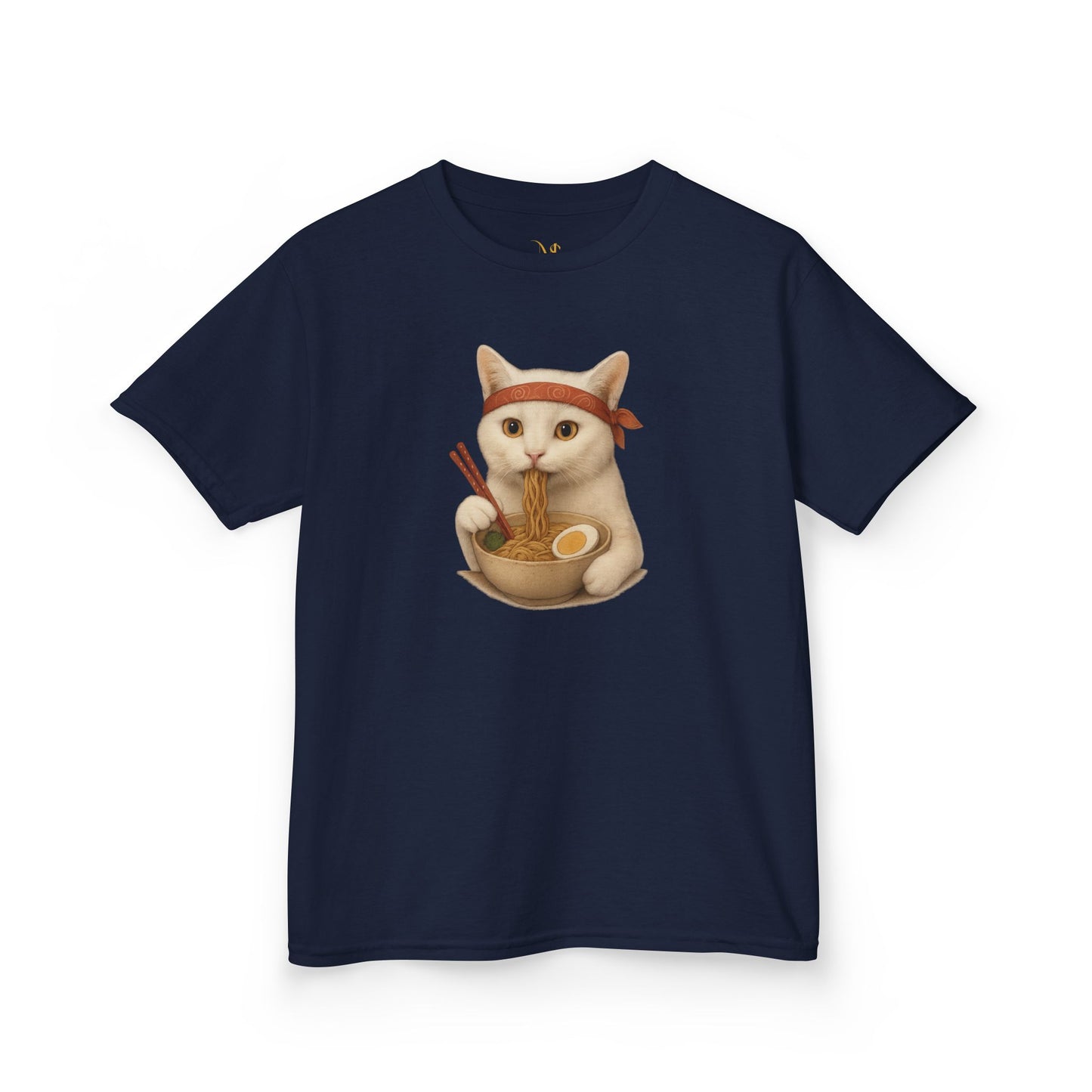 Mashafrica kids navy t shirt featuring a cute cat with headband eating ramen in a ninja graphic soft cotton for everyday wear