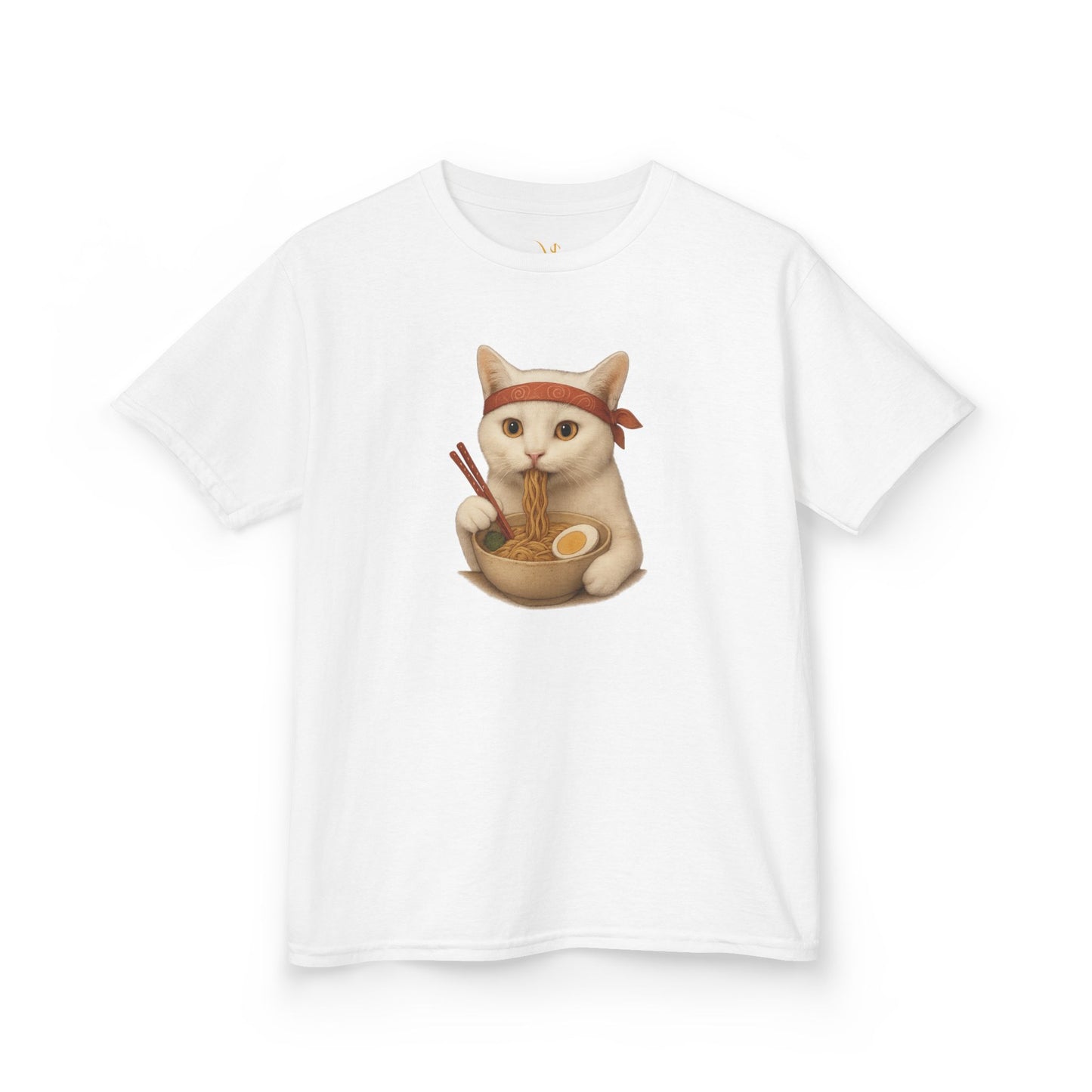 Mashafrica kids white t shirt with cute cat wearing red headband eating ramen ninja design