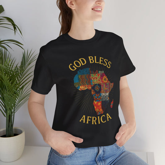 Mashafrica black T shirt with colorful patchwork map and GOD BLESS AFRICA print worn by smiling woman