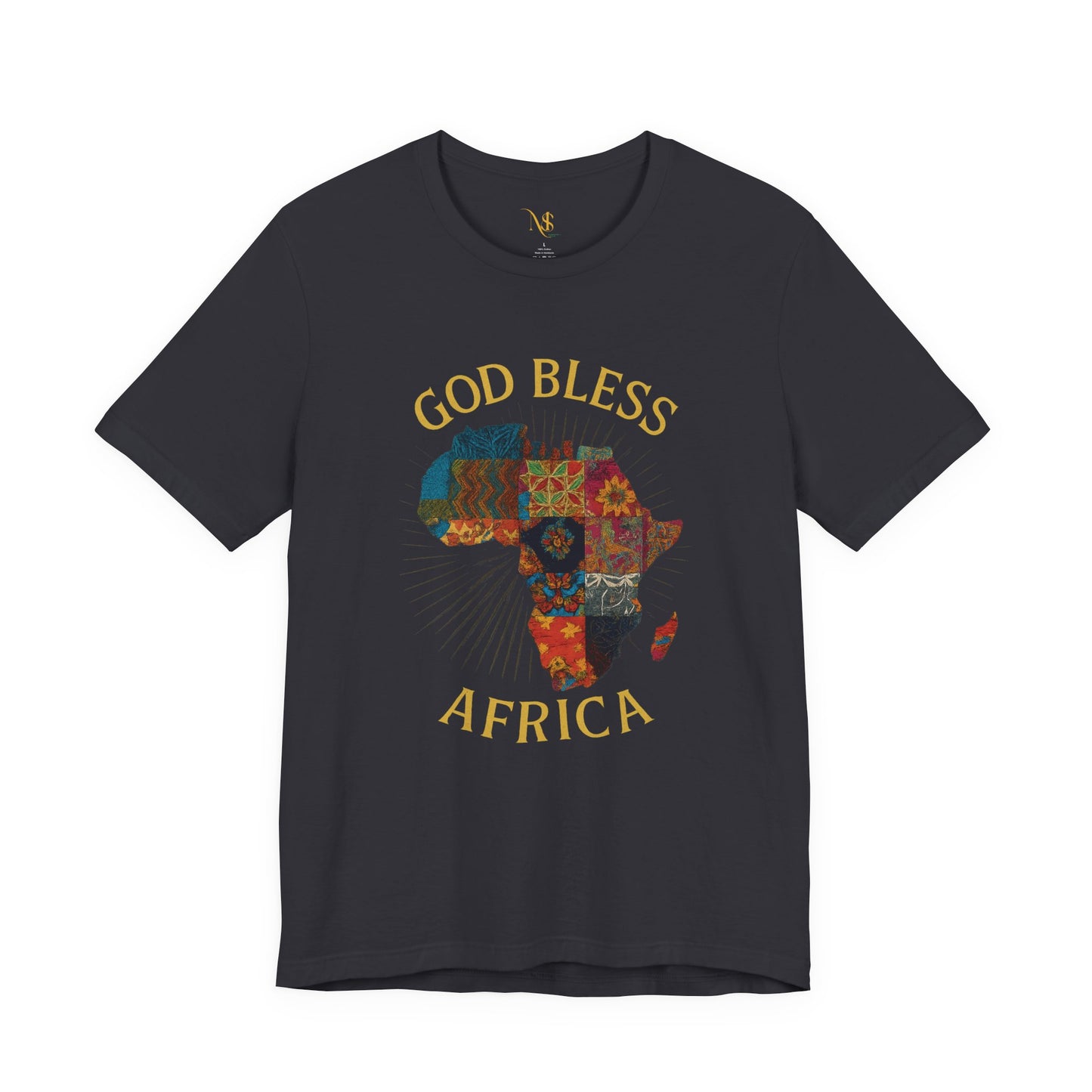 Mashafrica black T shirt with colorful patchwork Africa map and gold God Bless AFRICA text