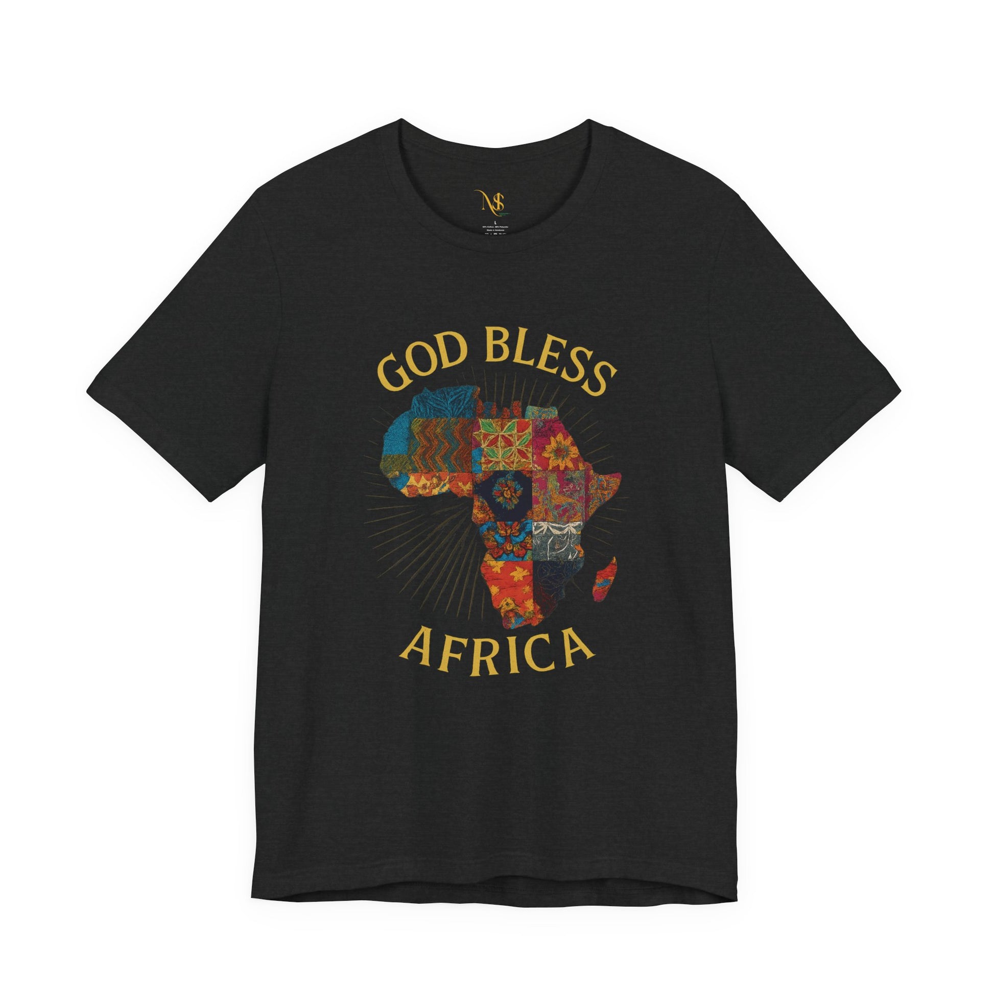 Mashafrica black T Shirt with colorful patchwork Africa map and gold God Bless AFRICA text on chest