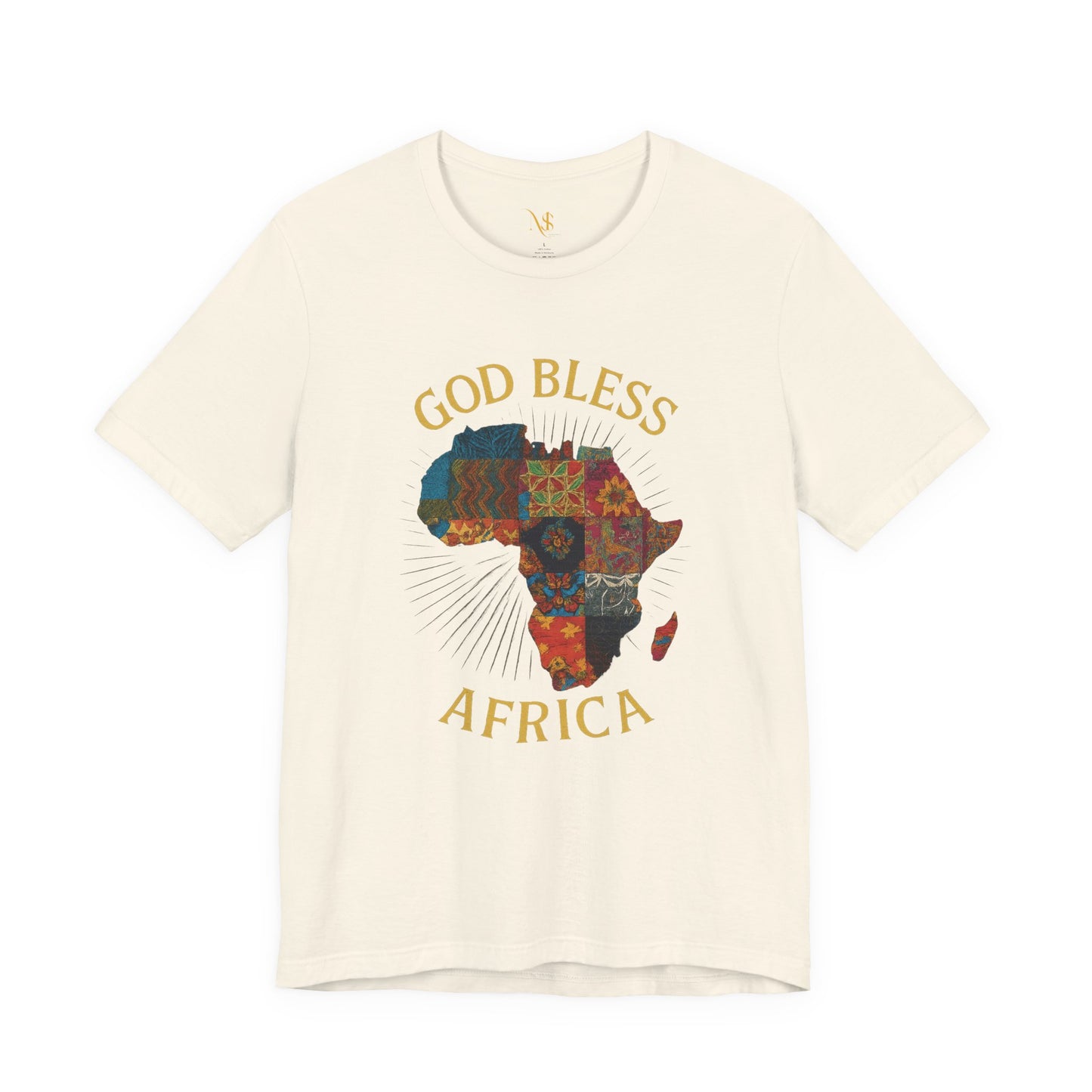 Mashafrica cream T shirt featuring colorful patterned map and gold God Bless AFRICA slogan