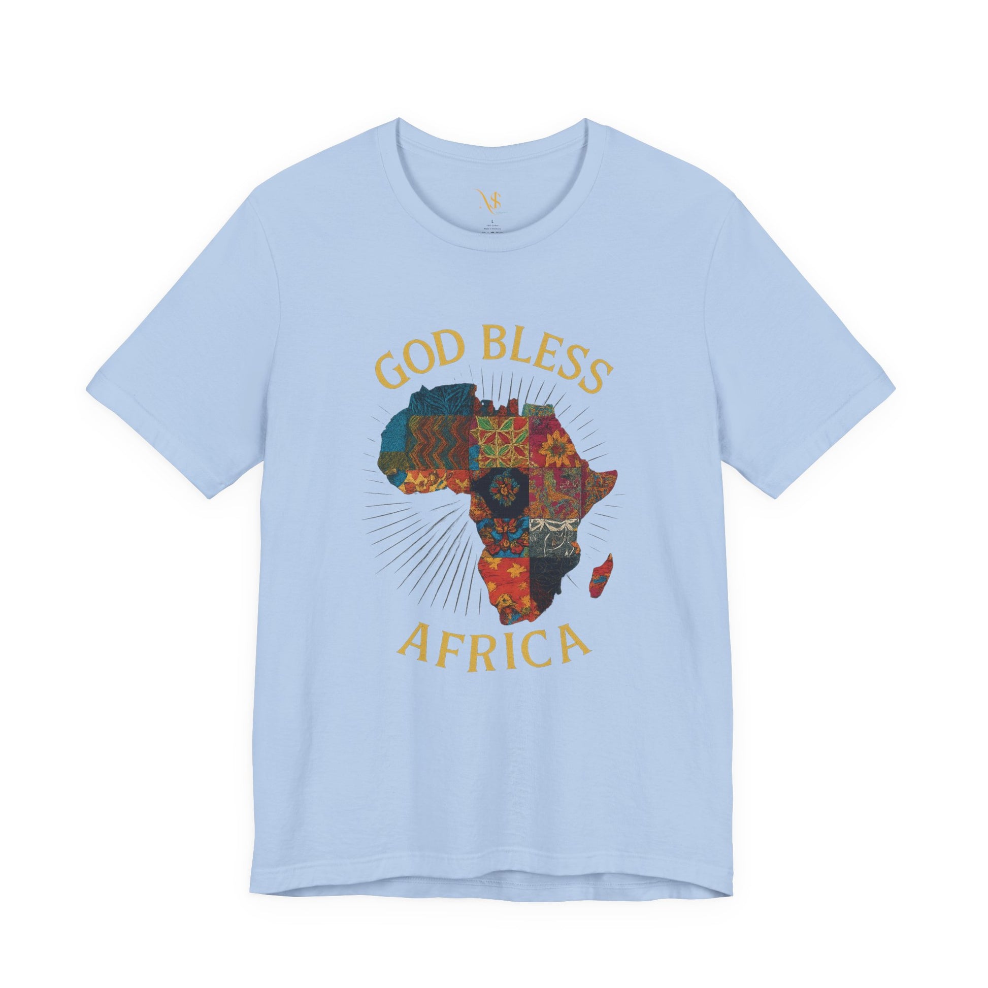 Mashafrica light blue T Shirt with God Bless AFRICA gold lettering and colorful patchwork Africa map design