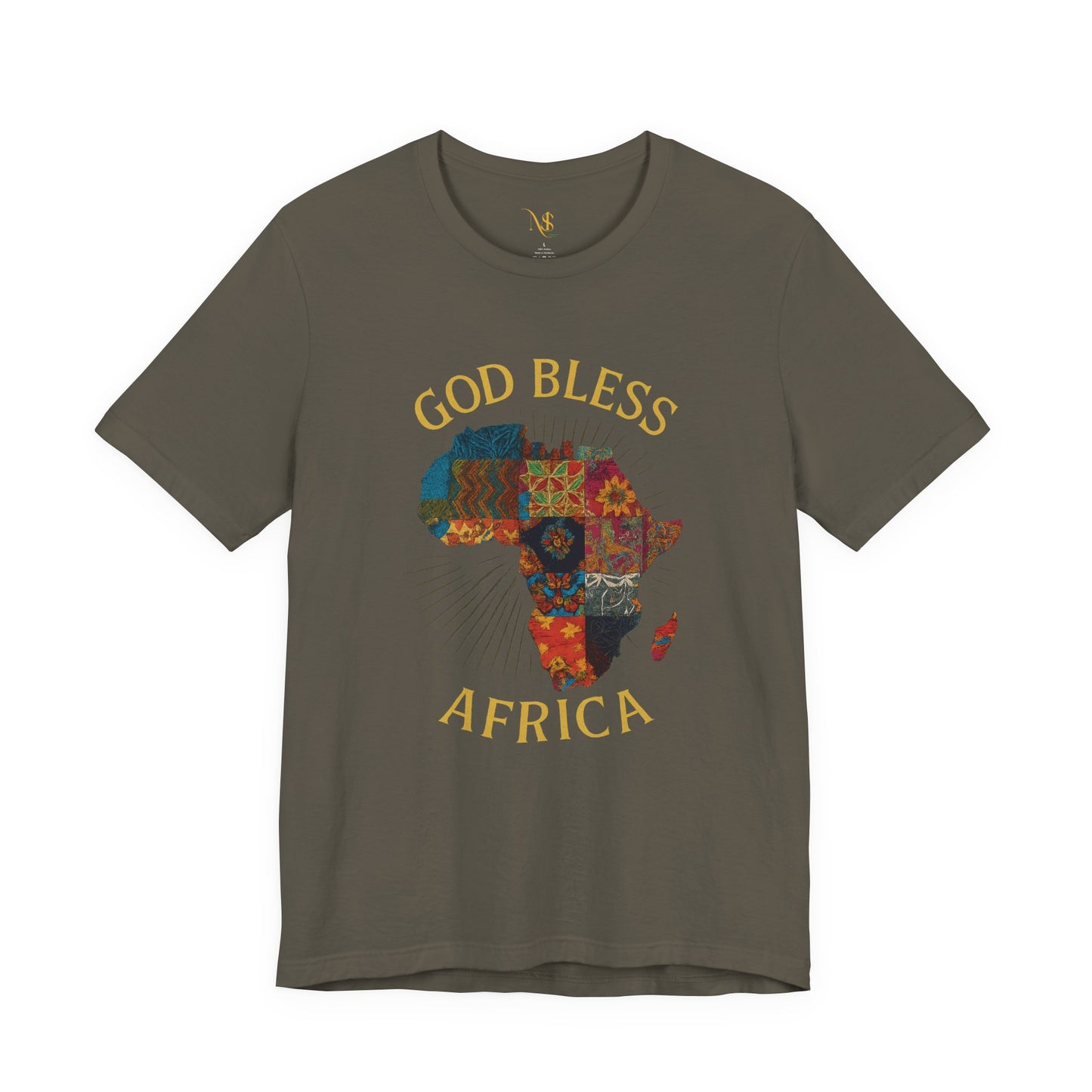 Mashafrica olive green T shirt with multicolor patchwork map and God Bless AFRICA text for casual wear