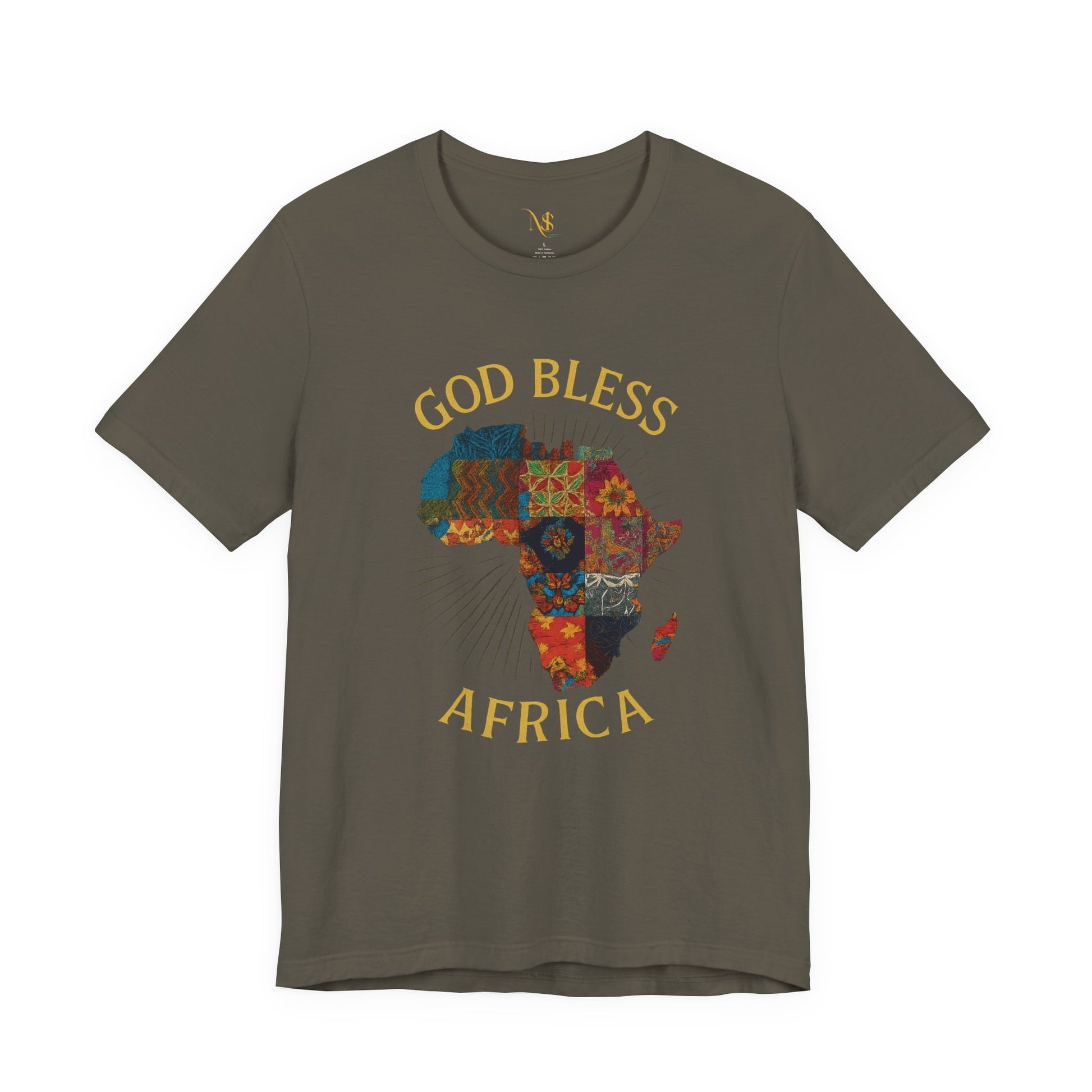 Mashafrica olive green T shirt with multicolor patchwork map and God Bless AFRICA text for casual wear