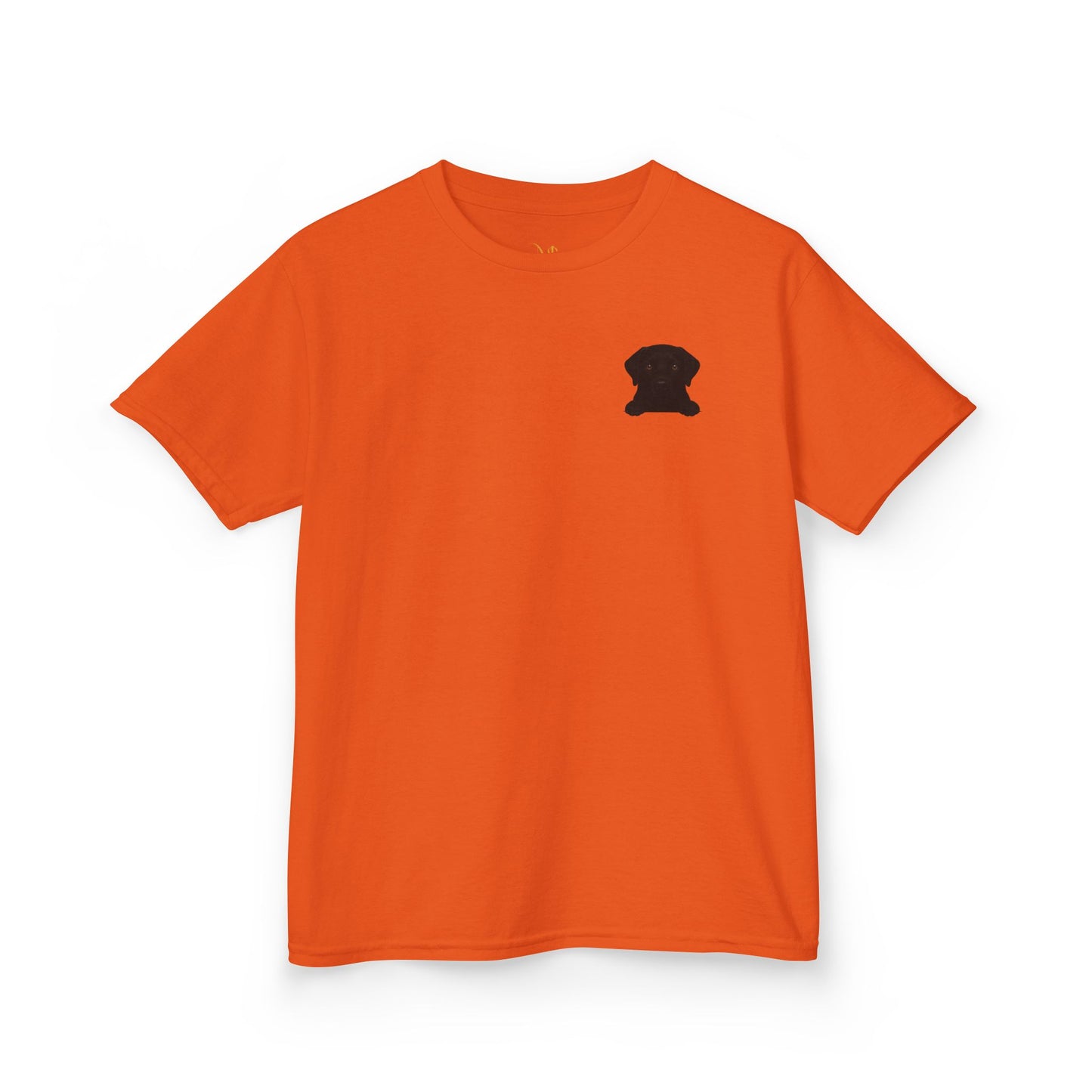 Mashafrica kids orange t shirt with small black puppy chest print featuring a cute dog graphic
