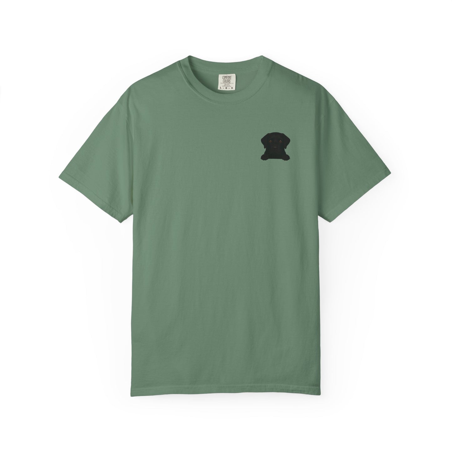 Mashafrica green t shirt with small black peek pup dog silhouette logo on left chest casual tee