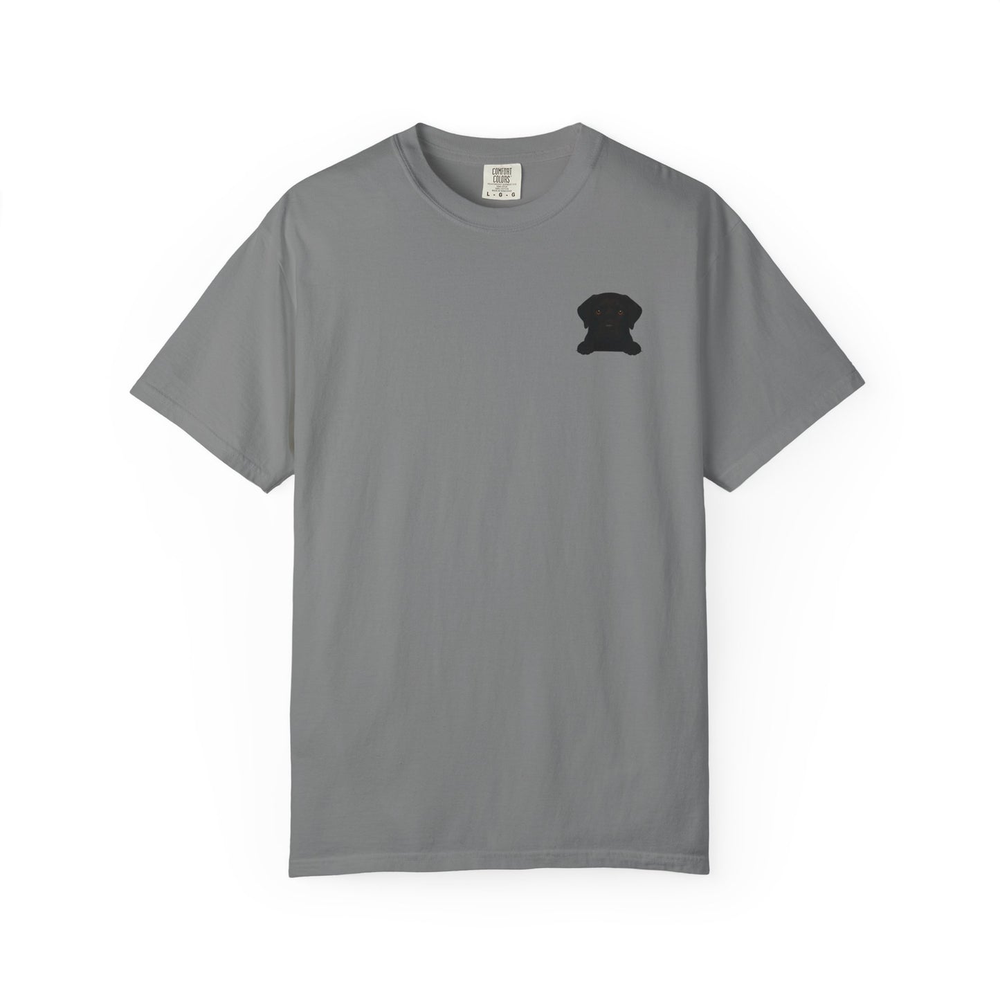 Mashafrica gray crew neck T Shirt with small black peek pup dog silhouette on left chest short sleeve