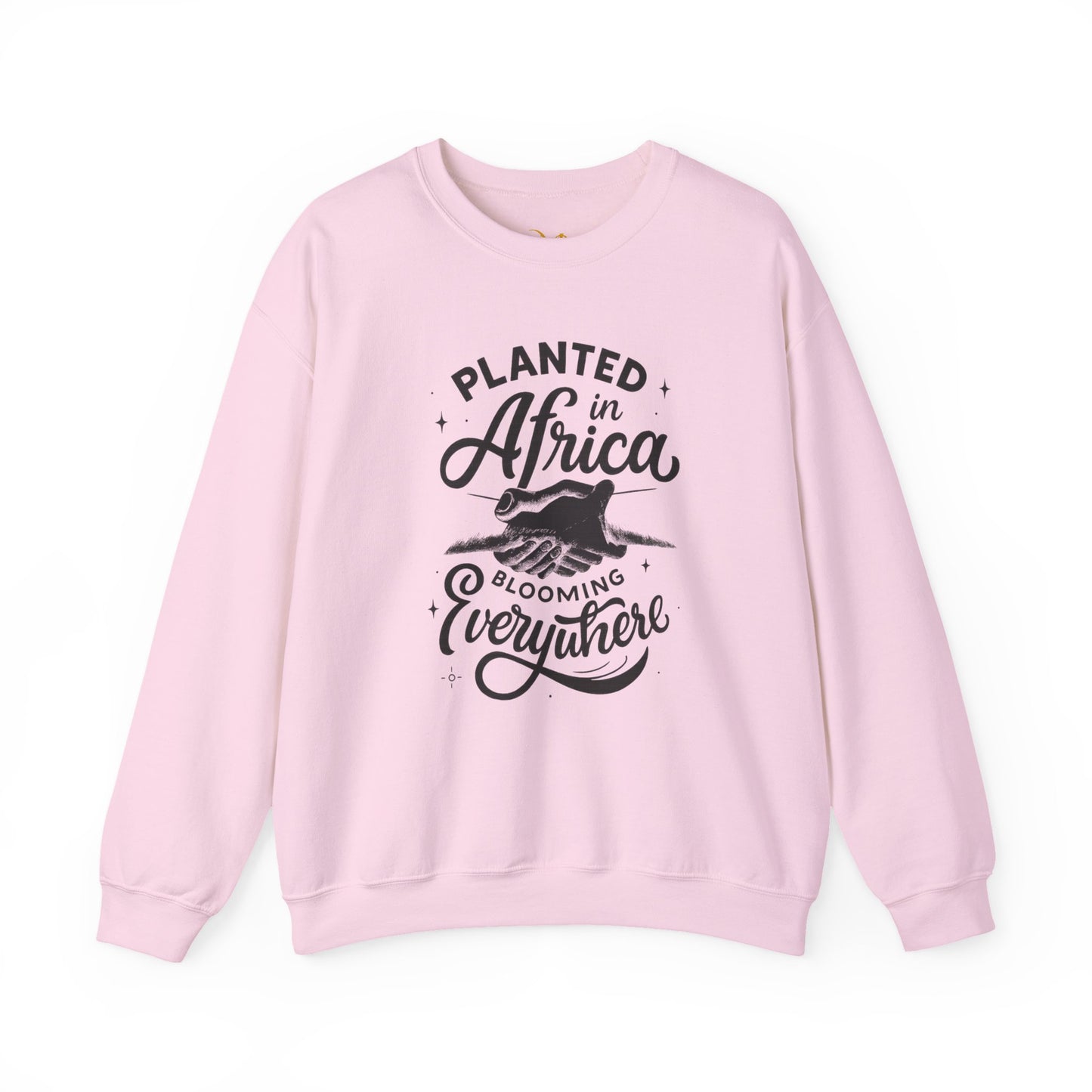 Pink Mashafrica sweatshirt with black Planted in africa graphic showing hands and blooms cozy casual wear