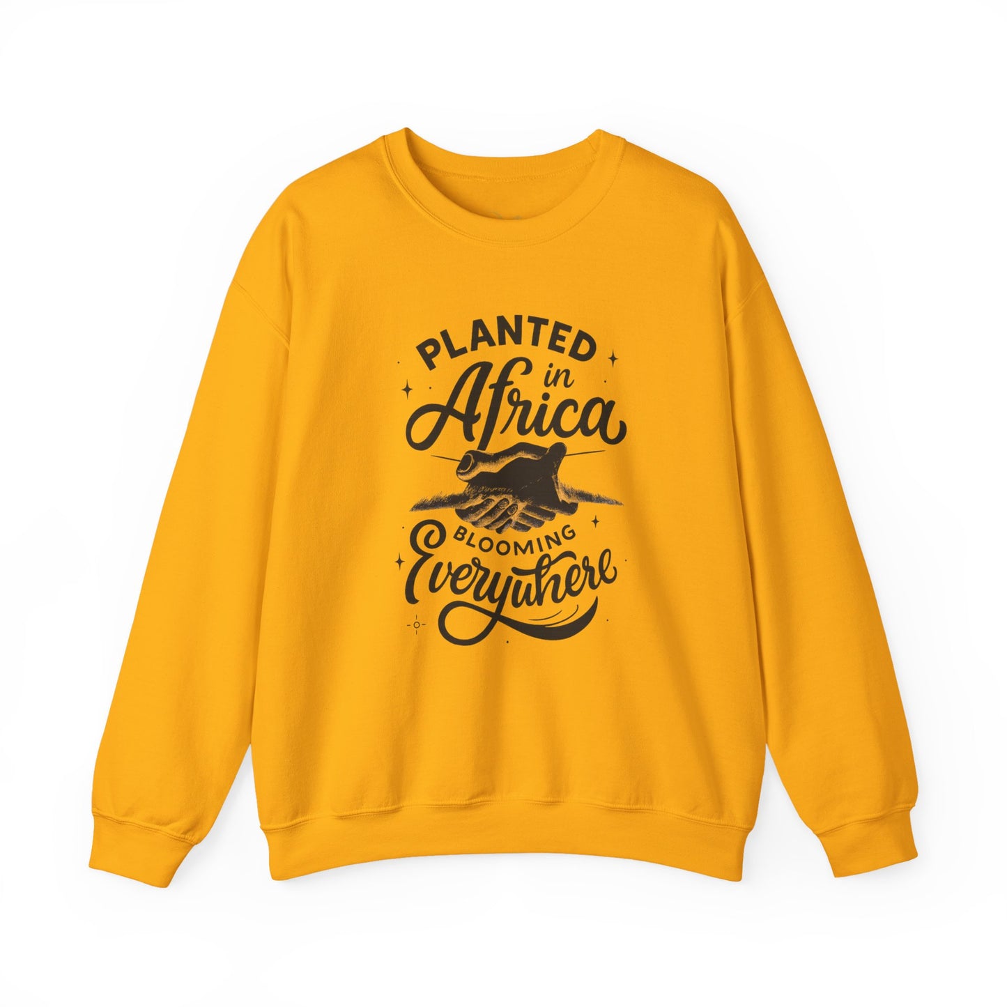 Mashafrica yellow crewneck sweatshirt with black Planted in africa Blooming Everywhere graphic of hand holding seedling