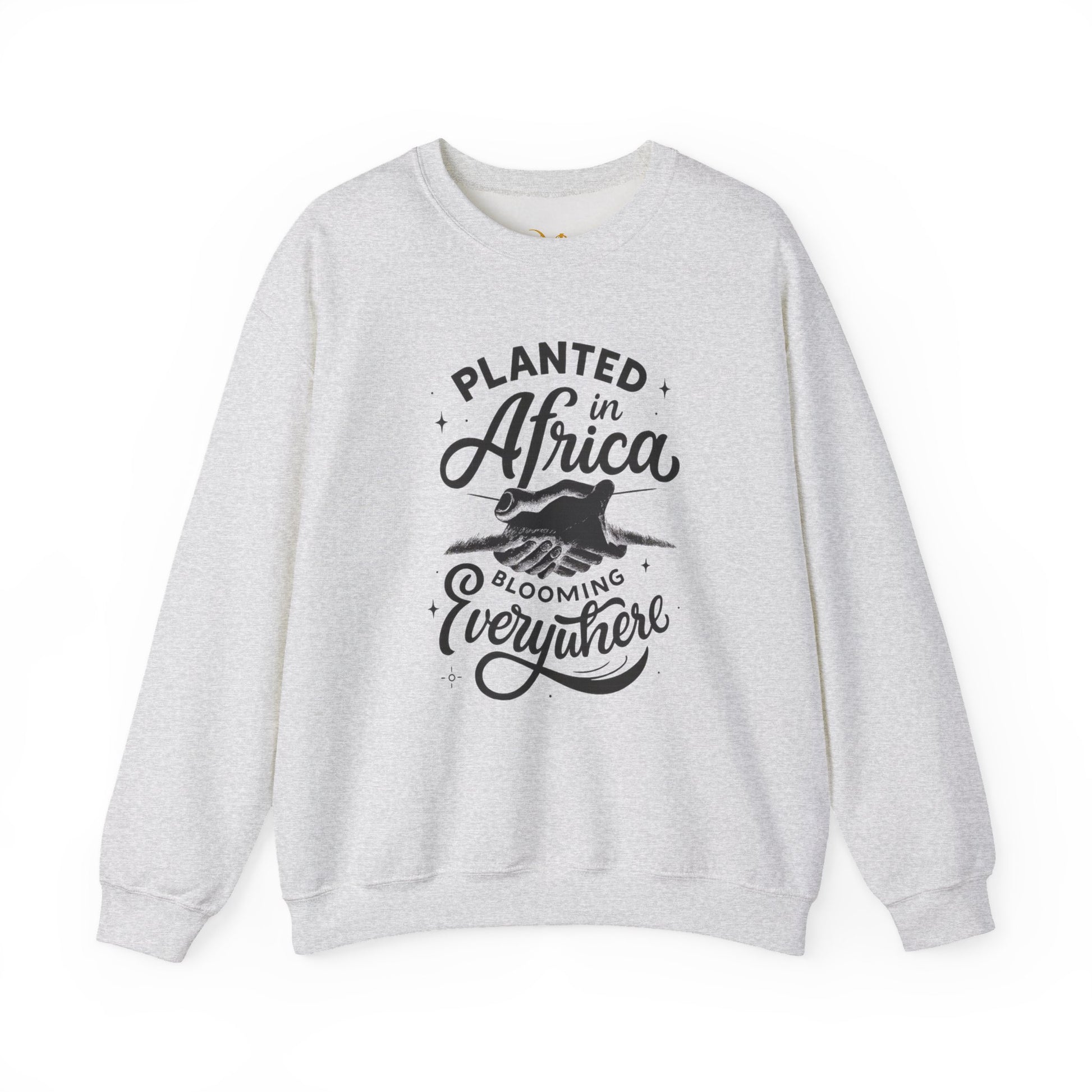 Mashafrica gray sweatshirt with planted in africa slogan and hand planting seedling graphic casual cozy wear