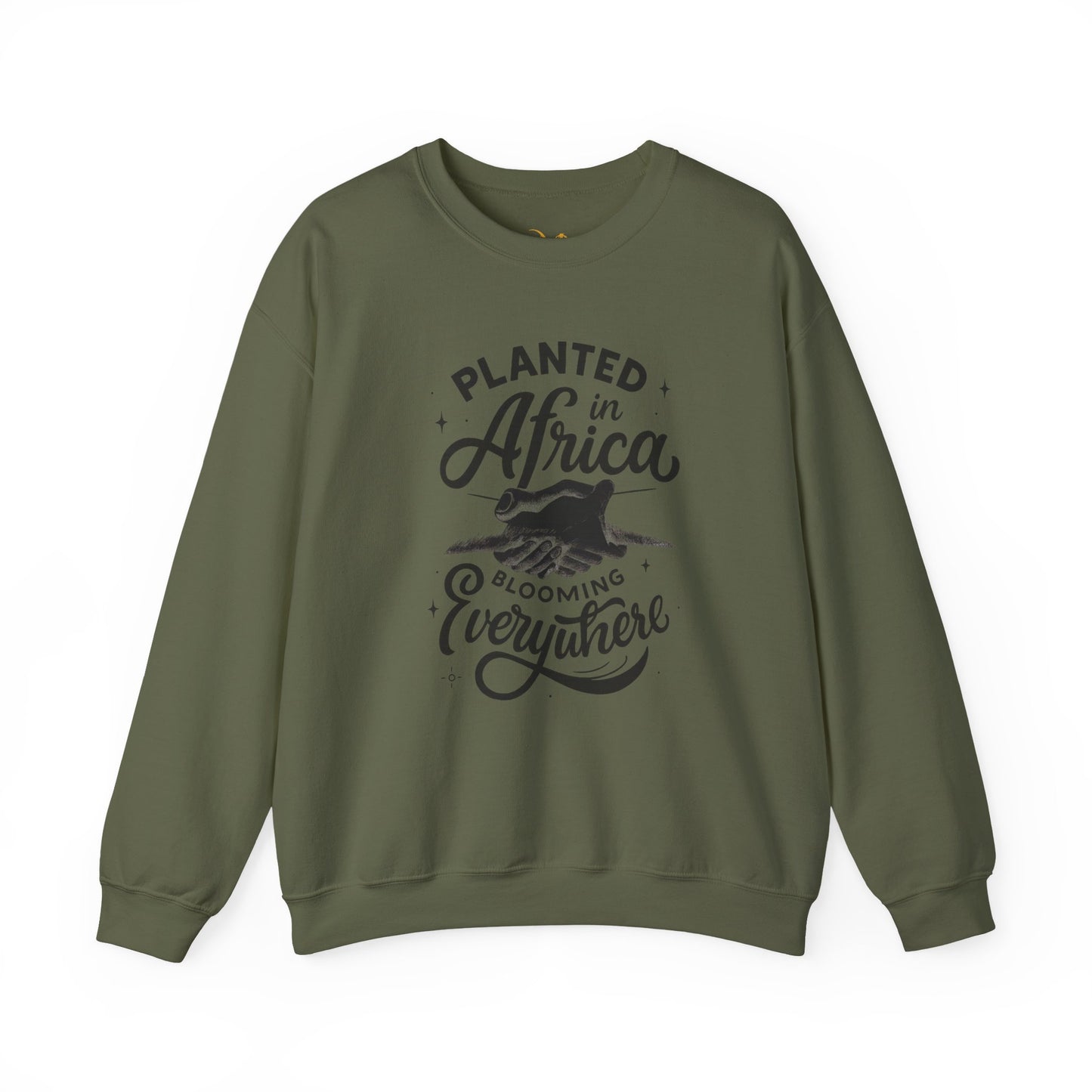 Mashafrica olive green crewneck sweatshirt with Planted in africa graphic and long sleeves