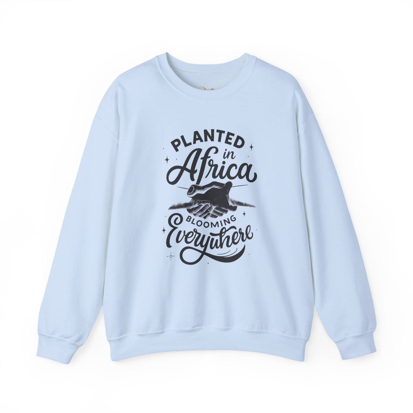 Mashafrica light blue sweatshirt with black Planted in africa Blooming Everywhere graphic print cozy crewneck pullover