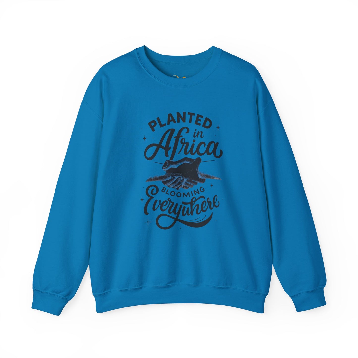 Mashafrica blue sweatshirt with planted in africa graphic print cozy crewneck sweatshirt for casual wear