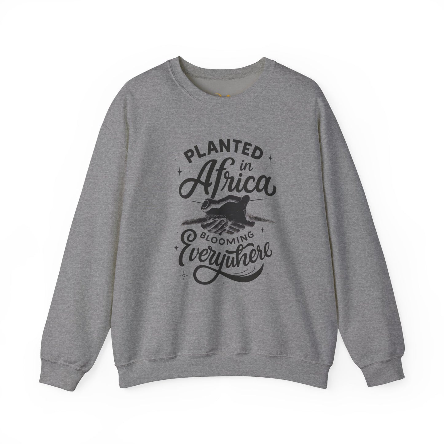 Gray crewneck sweatshirt by Mashafrica with black printed Planted in africa Blooming Everywhere design