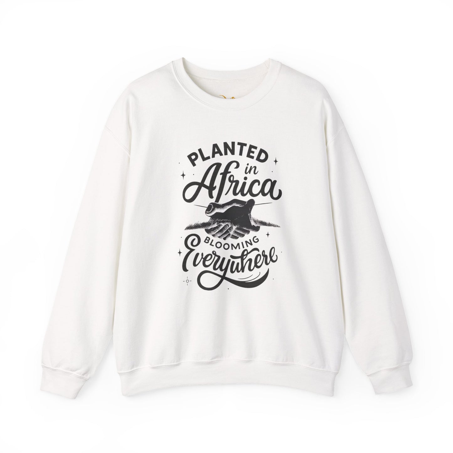 Mashafrica white crewneck sweatshirt with black planted in africa graphic of hands planting seedling soft cotton
