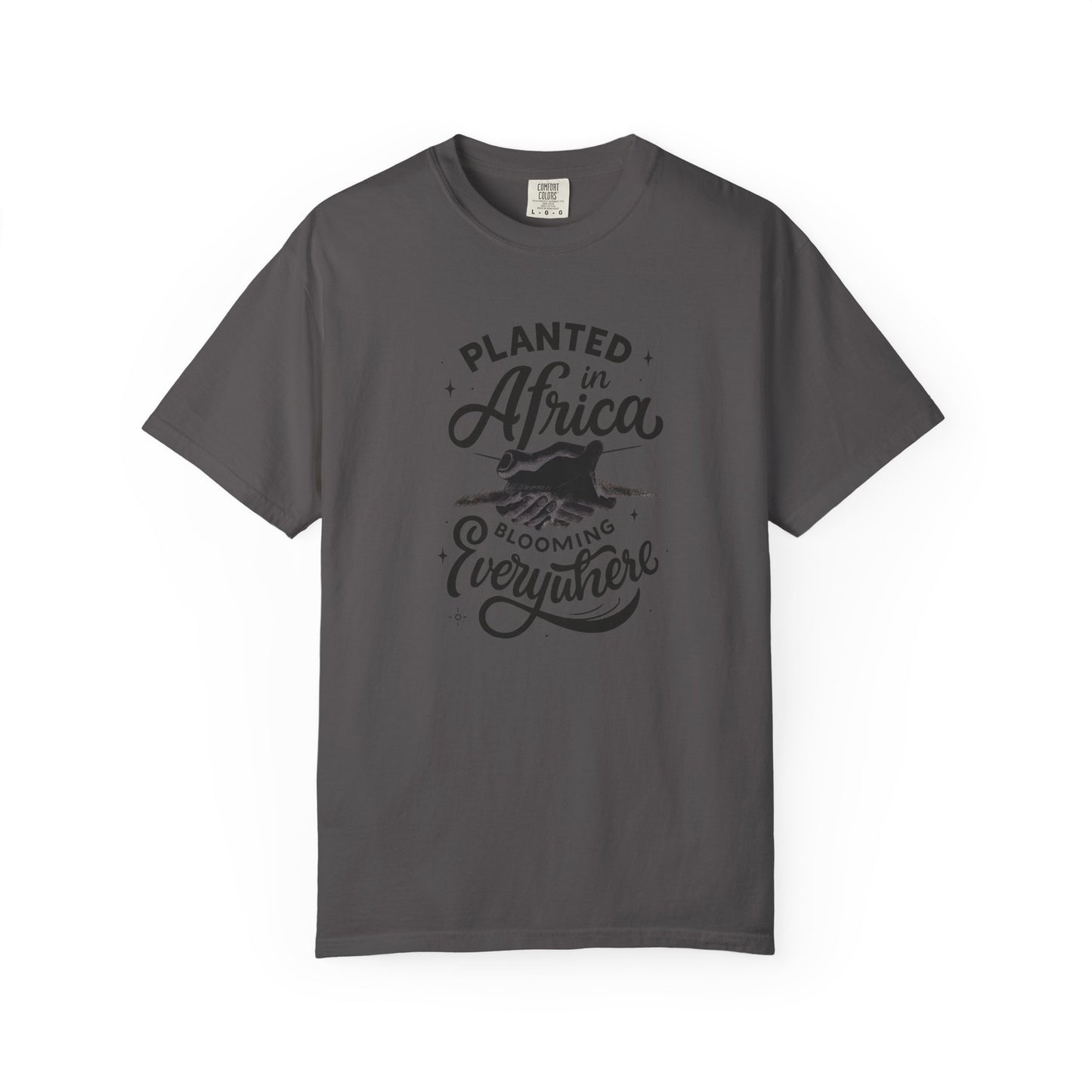 Mashafrica charcoal gray T shirt with vintage planted in africa blooming everywhere script graphic
