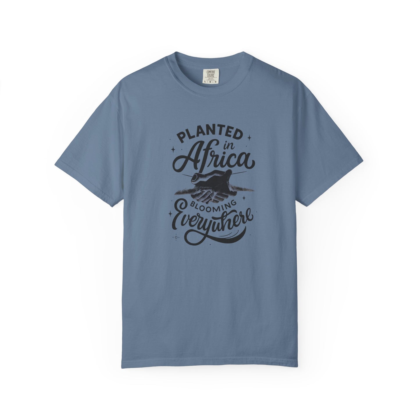 Mashafrica blue cotton t shirt with vintage black graphic reading planted in africa blooming everywhere