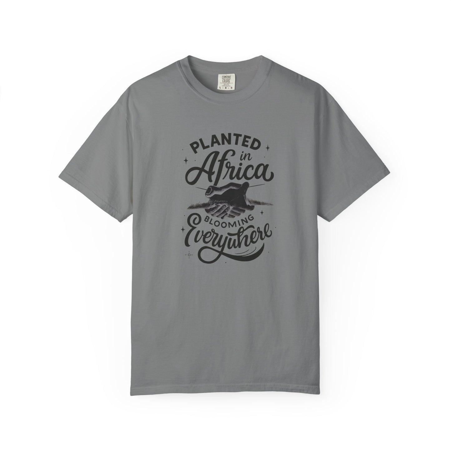 Mashafrica gray T shirt with Planted in africa Blooming Everywhere black graphic and handshake illustration