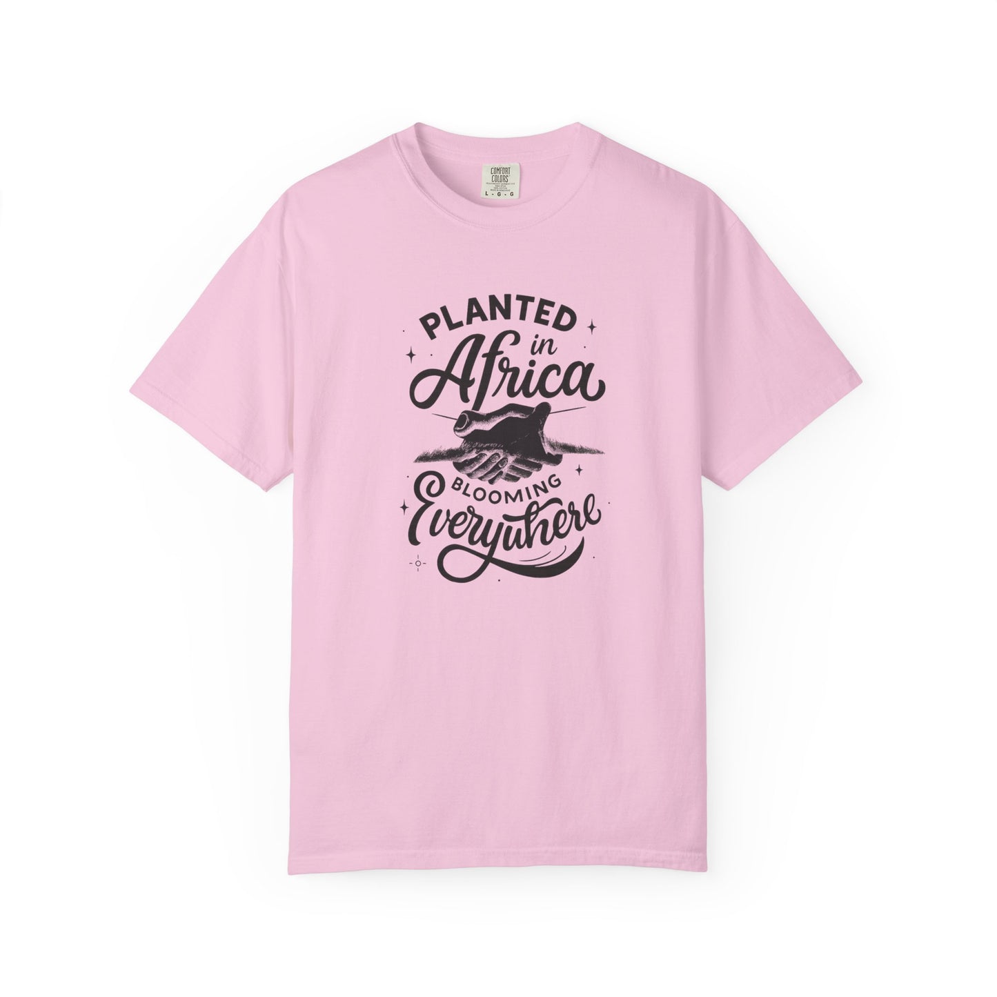 Mashafrica pink cotton T shirt printed with Planted in africa Blooming Everywhere black graphic