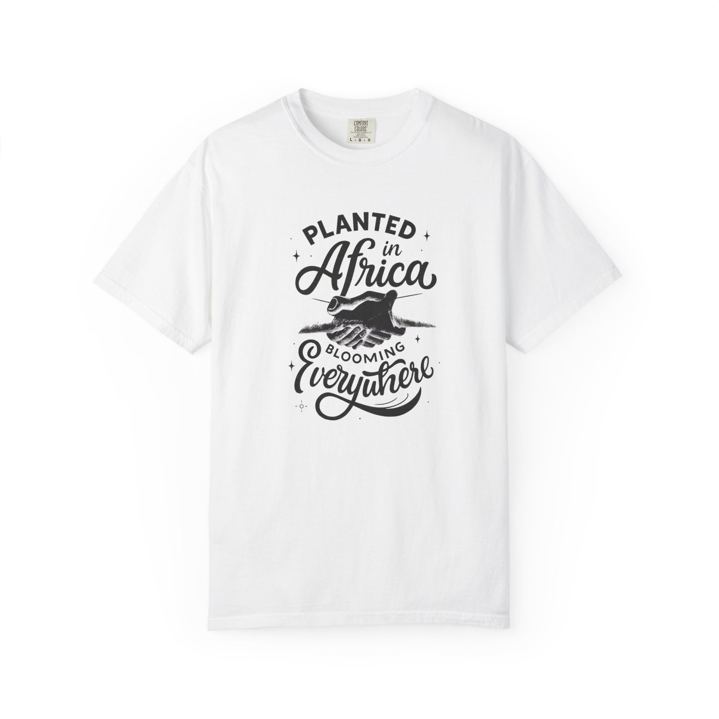 Mashafrica white cotton t shirt with black vintage graphic reading Planted in africa Blooming Everywhere