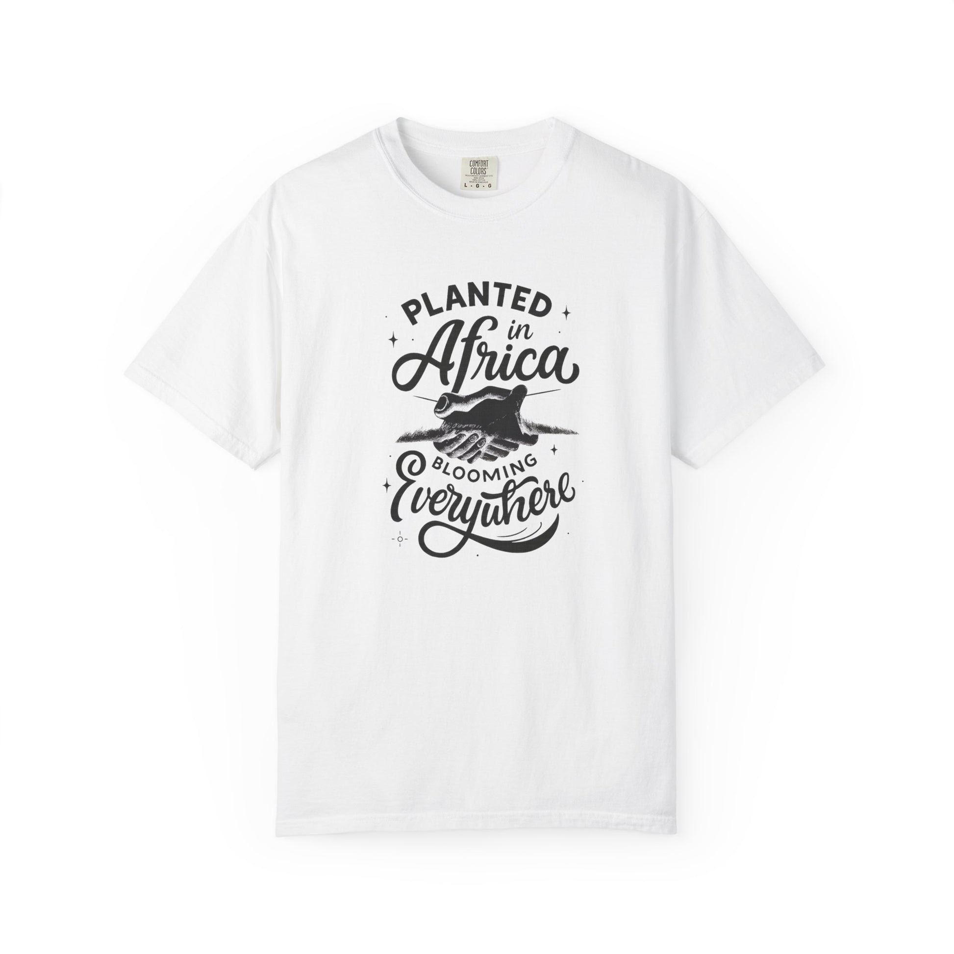 Mashafrica white cotton t shirt with black vintage graphic reading Planted in africa Blooming Everywhere