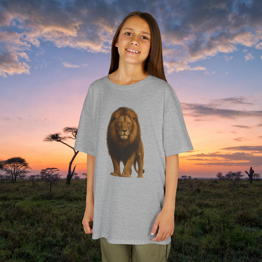Mashafrica kids gray t shirt with realistic lion print worn by smiling girl in savannah sunset