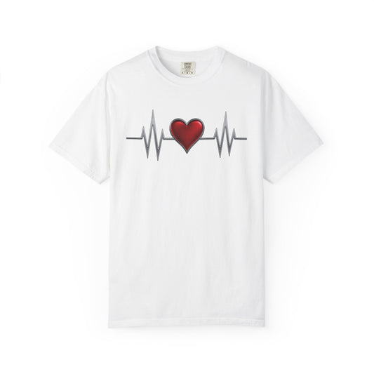 Mashafrica white T Shirt with red heart and EKG pulse graphic centered casual cotton tee