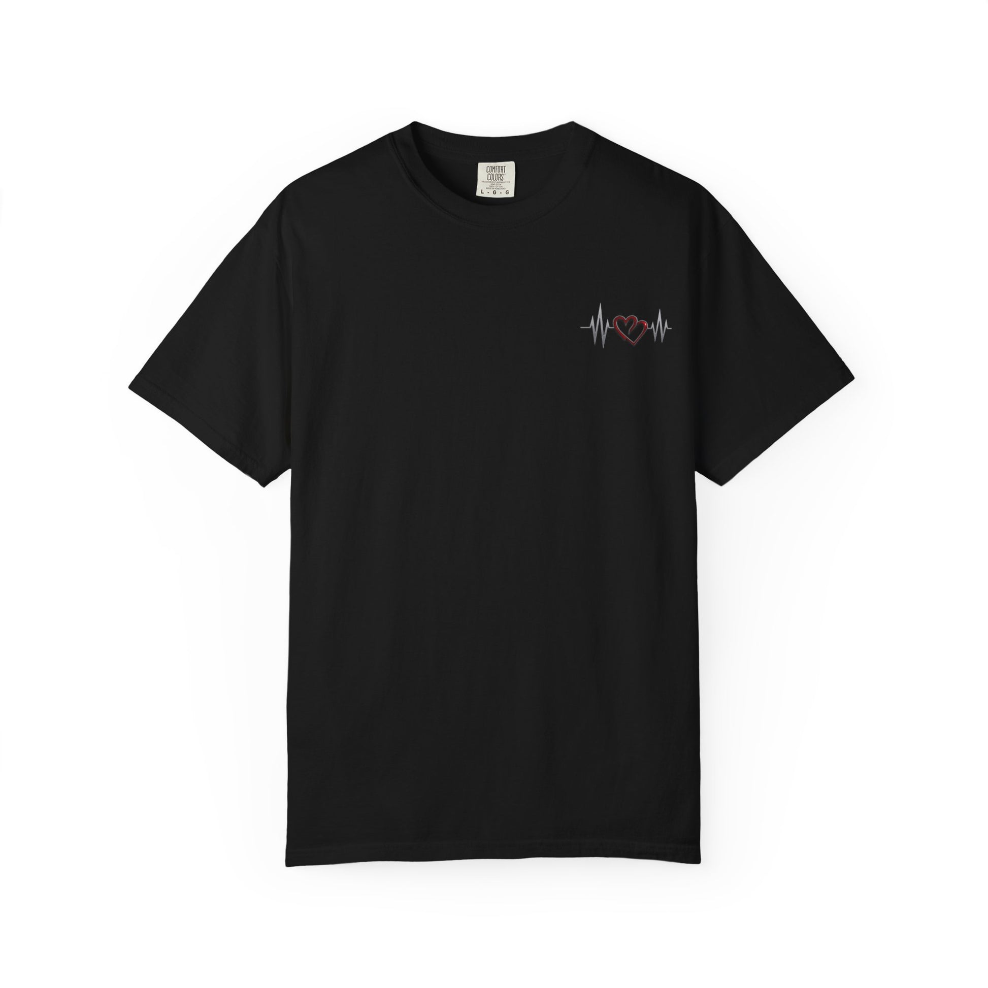 Mashafrica black crewneck T Shirt with small red heart and white heartbeat line chest graphic