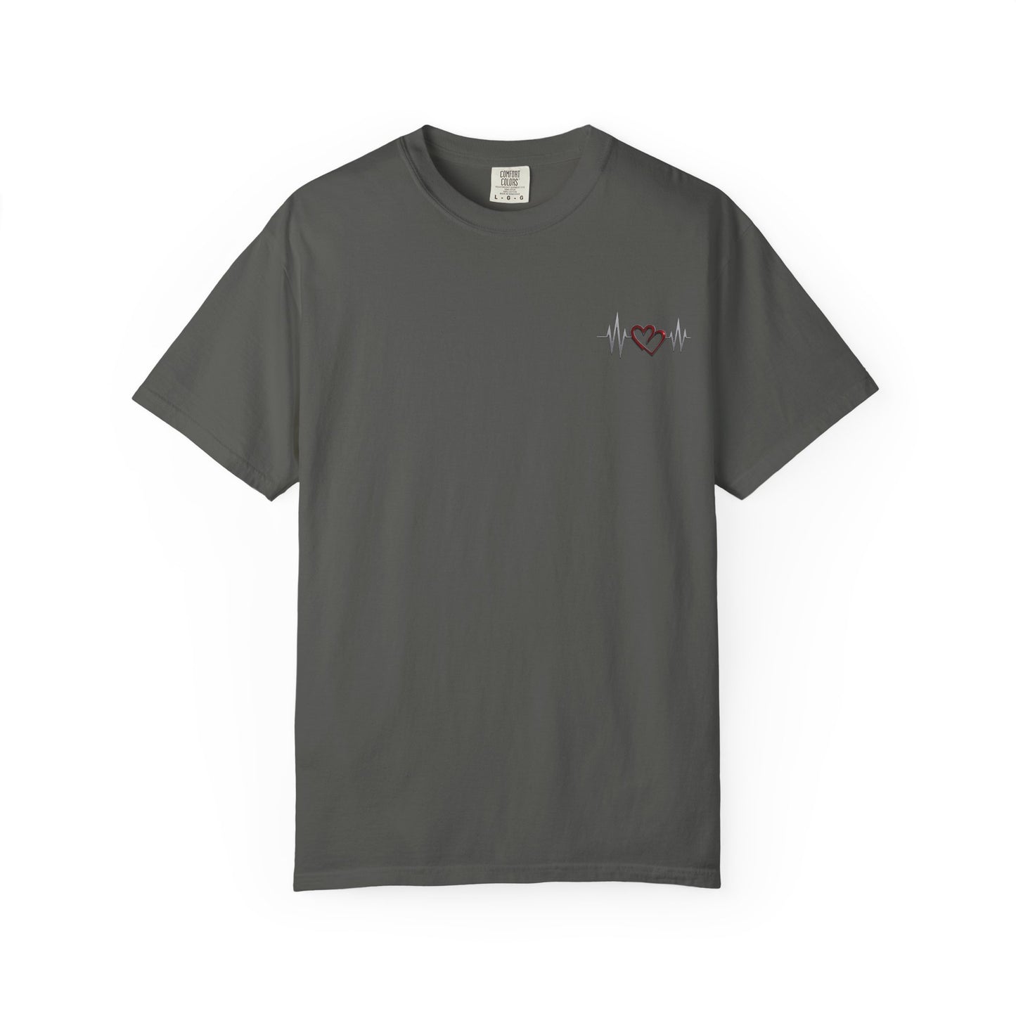 Mashafrica charcoal crewneck t shirt with small red heart and white heartbeat line chest graphic