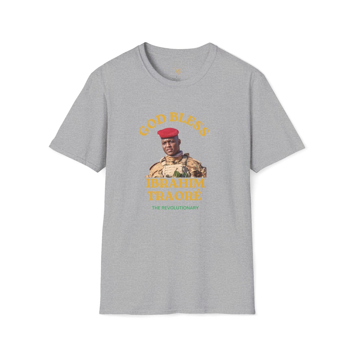 Mashafrica gray short sleeve T shirt showing soldier portrait in red beret with God Bless and Ibrahim text