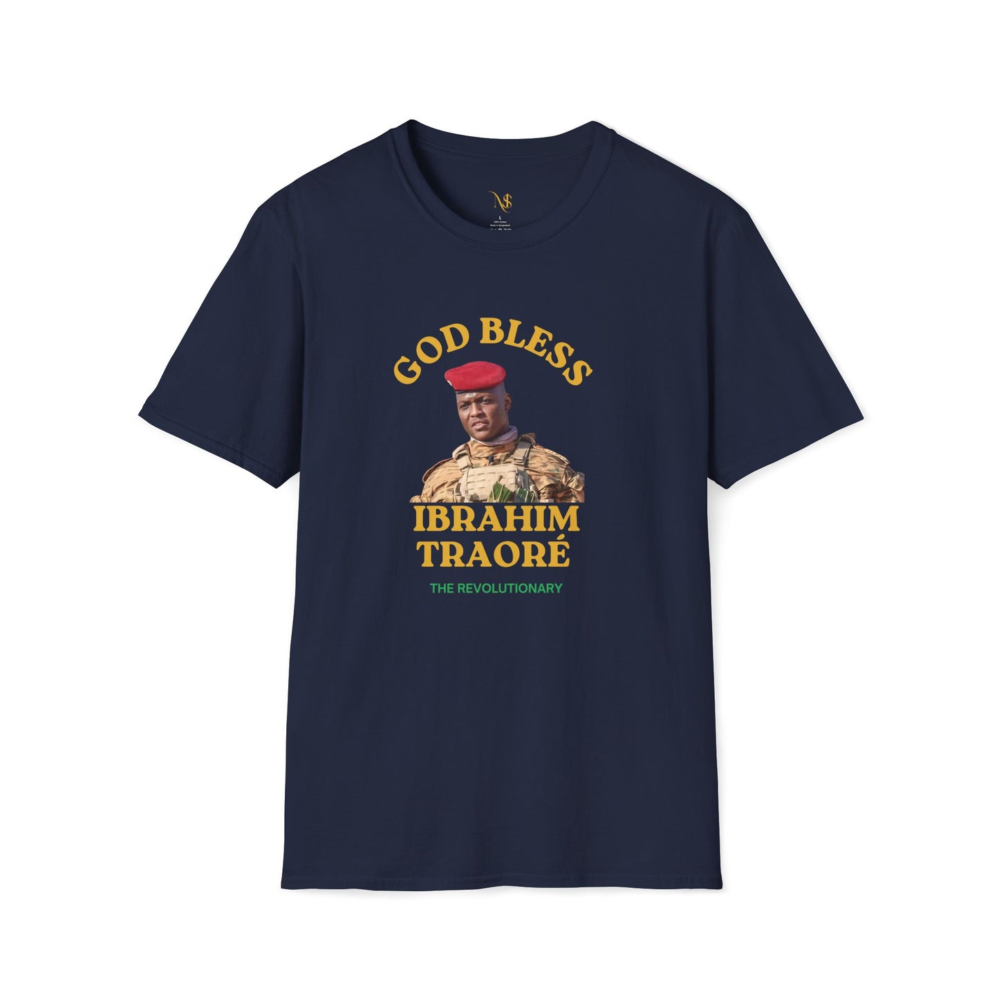 Mashafrica navy T shirt with portrait of Ibrahim Traore in red beret and God Bless Ibrahim text