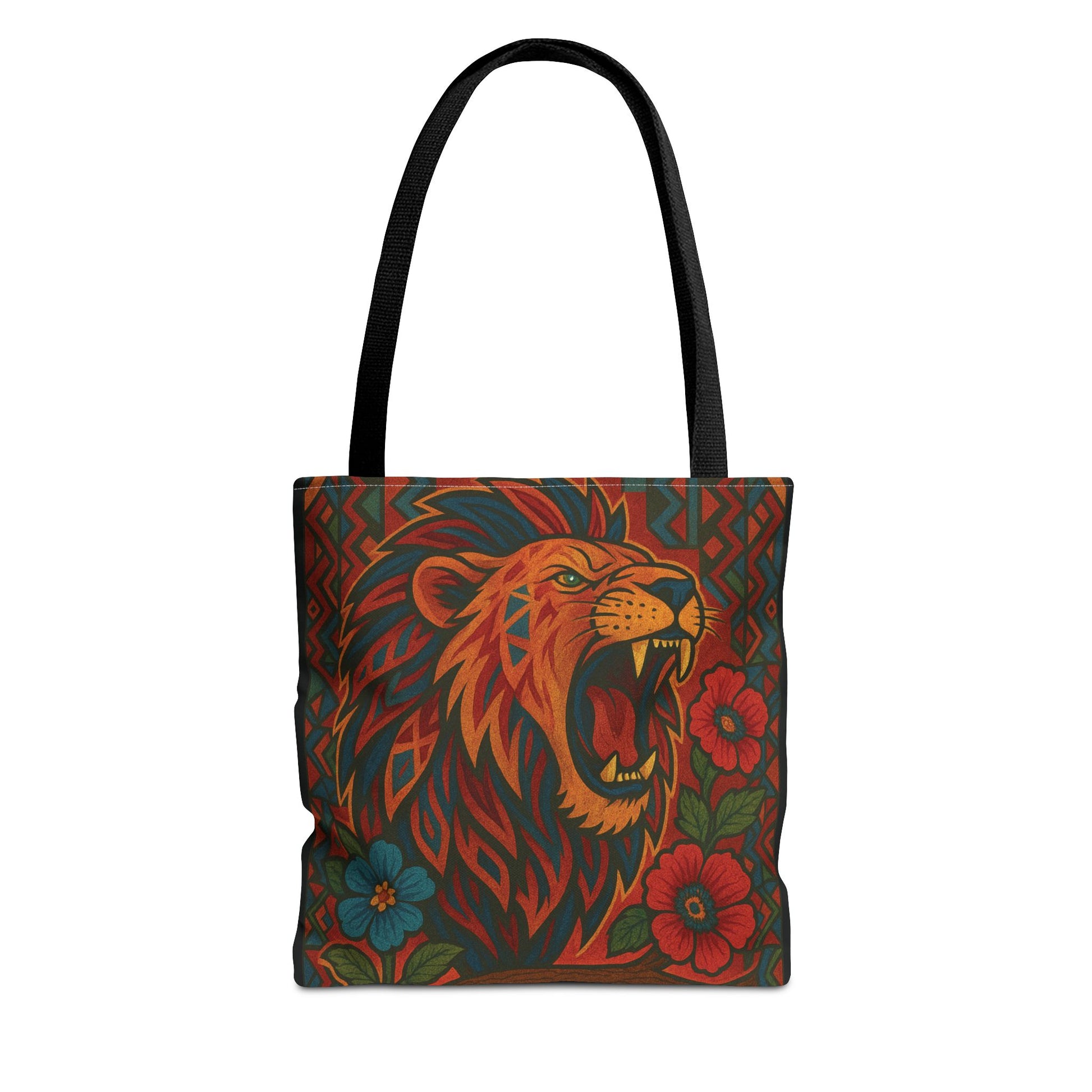 Mashafrica tote bag with bold roaring lion and floral print in red teal and orange with black straps