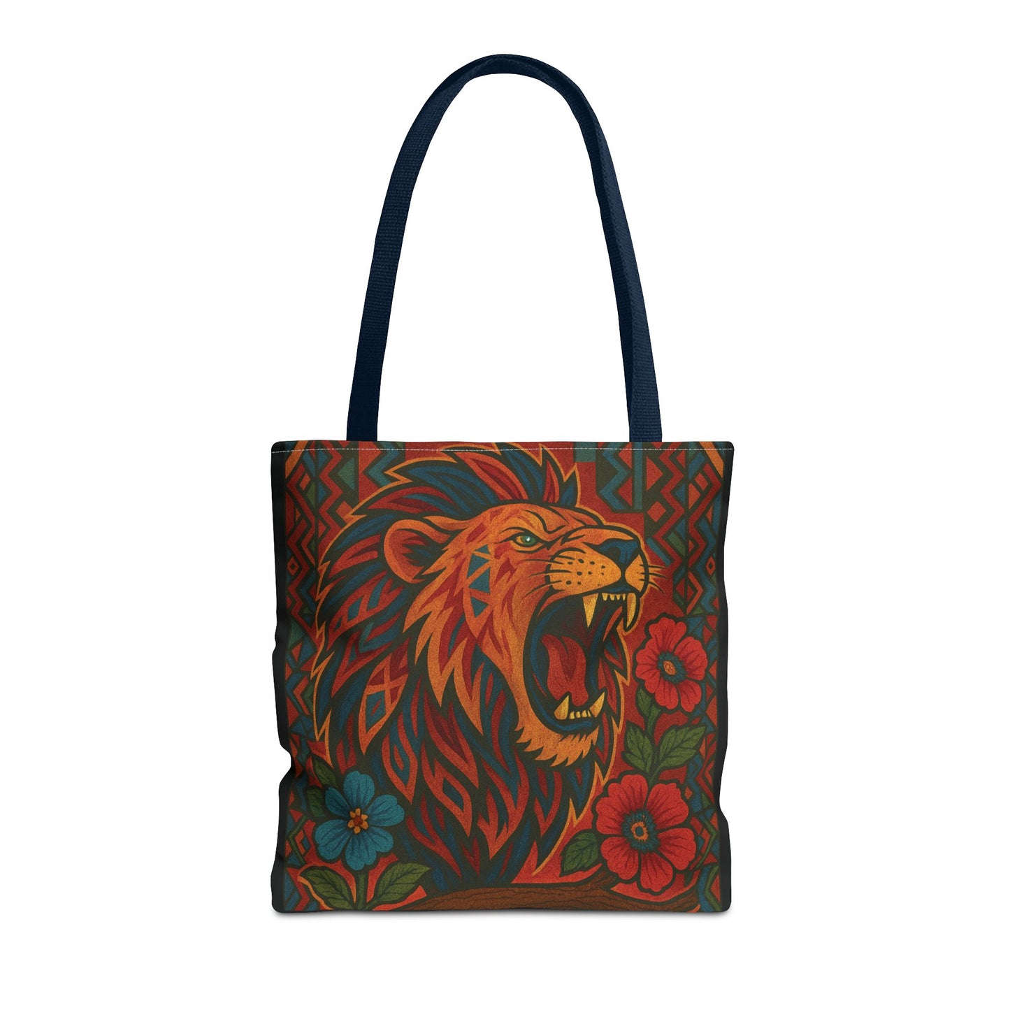 Mashafrica tote bag with bold roaring lion print and red floral accents on dark background