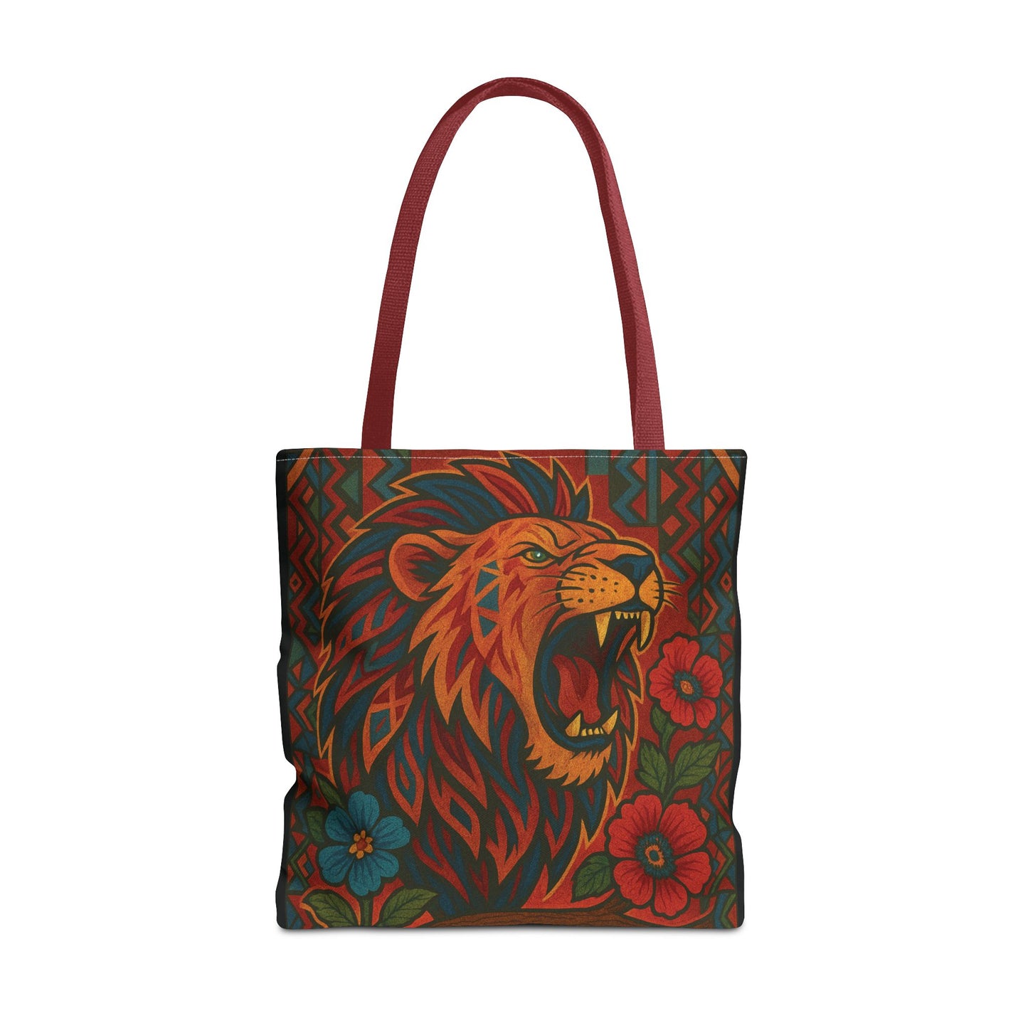 Mashafrica tote bag with bold roaring lion and floral print in red orange teal with long red handles