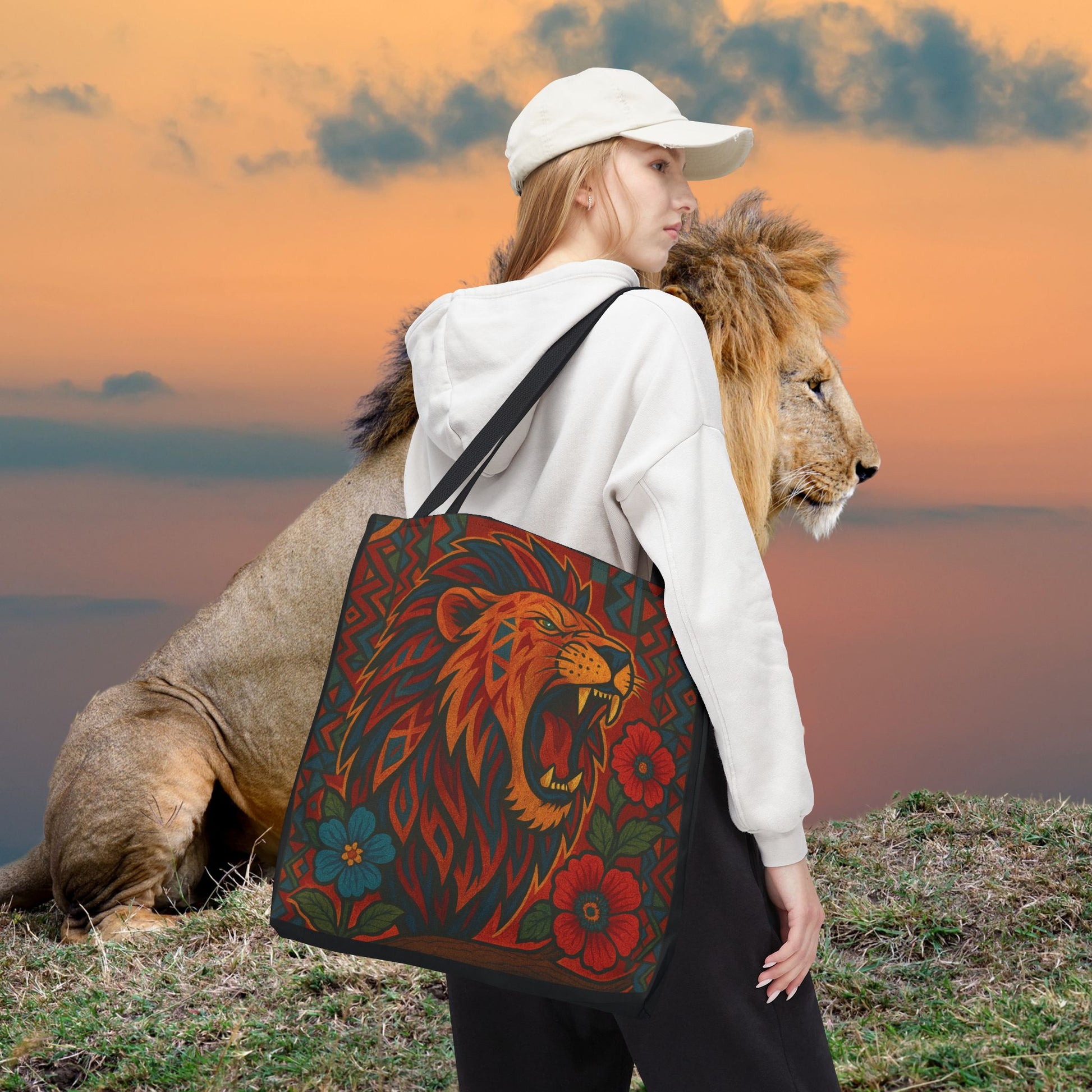 Mashafrica tote bag with bold roaring lion and floral print carried by woman at sunset with lion nearby