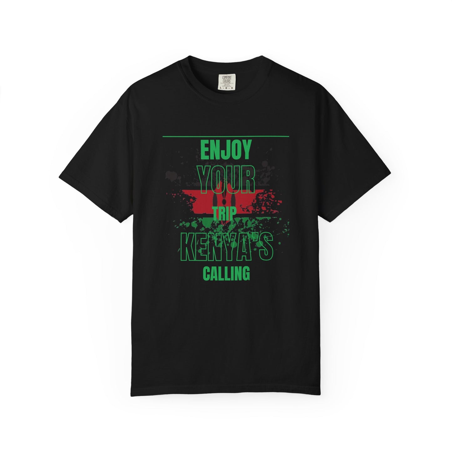 Mashafrica black T shirt featuring green and red kenya map graphic and Enjoy Your Trip slogan