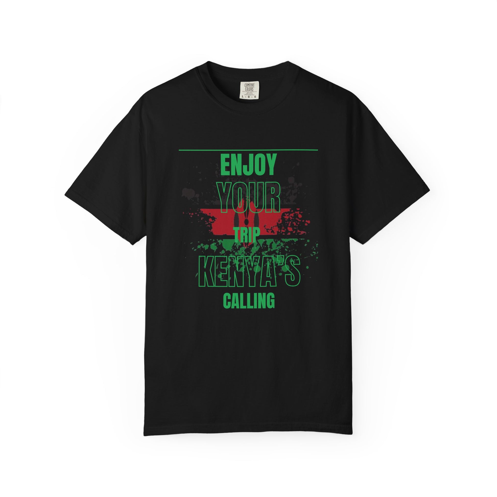 Mashafrica black T shirt featuring green and red kenya map graphic and Enjoy Your Trip slogan