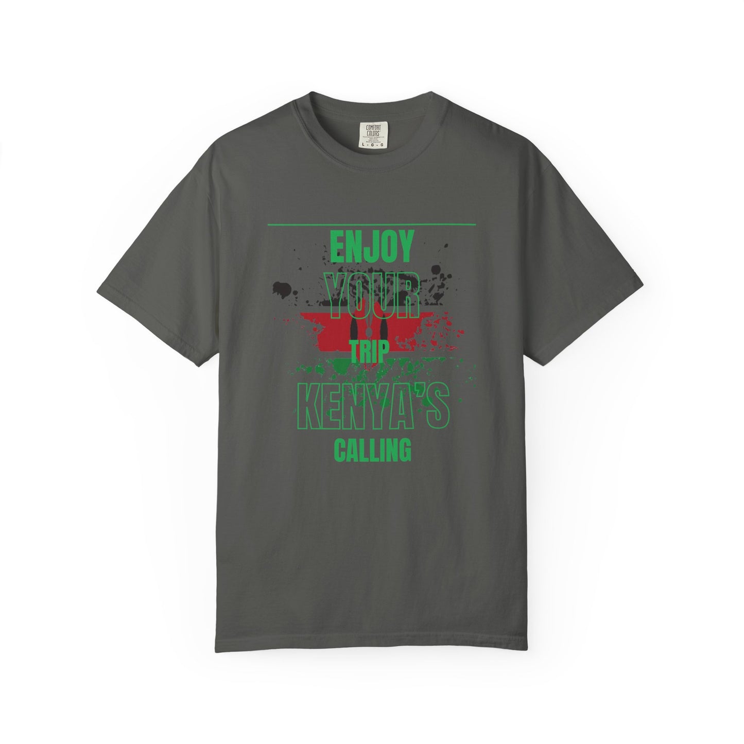Mashafrica gray T shirt with green and red kenya graphic text Enjoy Your Trip Kenyas Calling travel tee