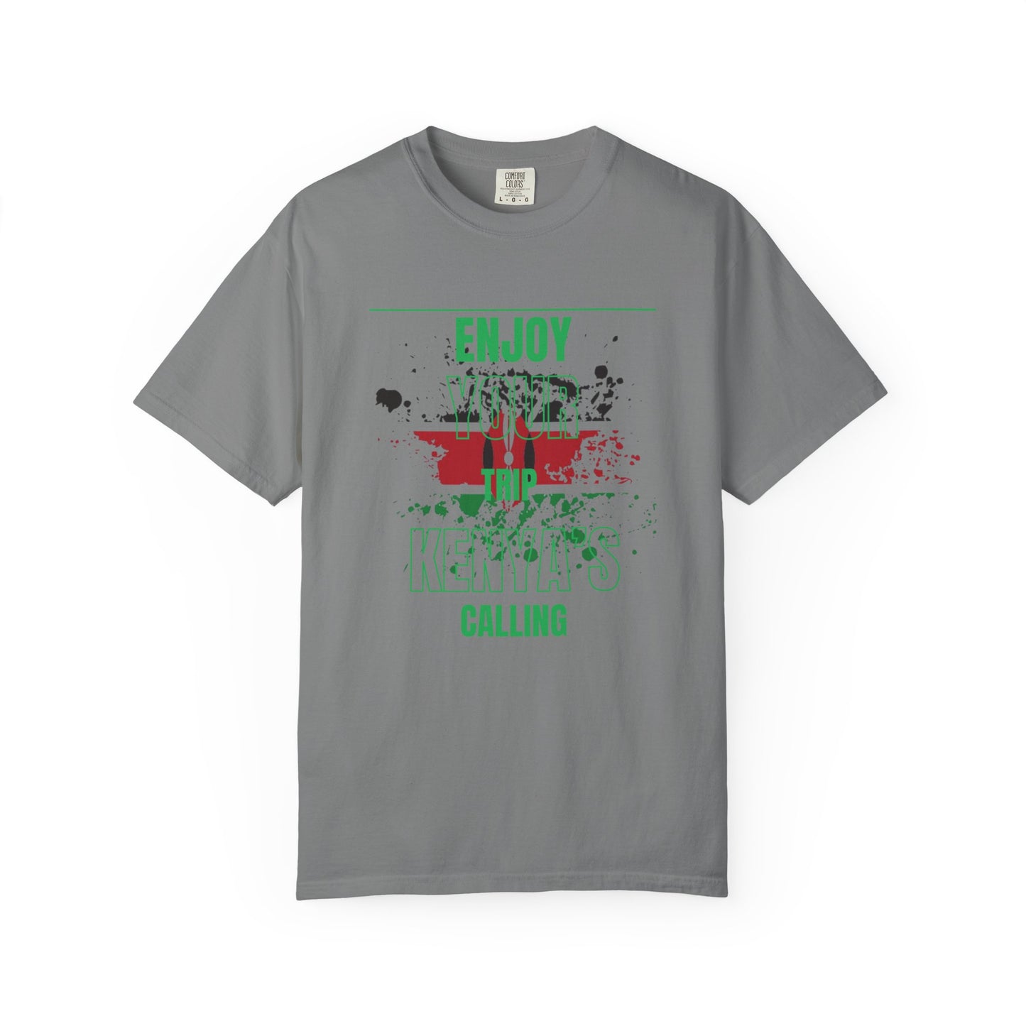 Mashafrica gray Tshirt with green and red splatter graphic and text Enjoy Your Trip kenya calling