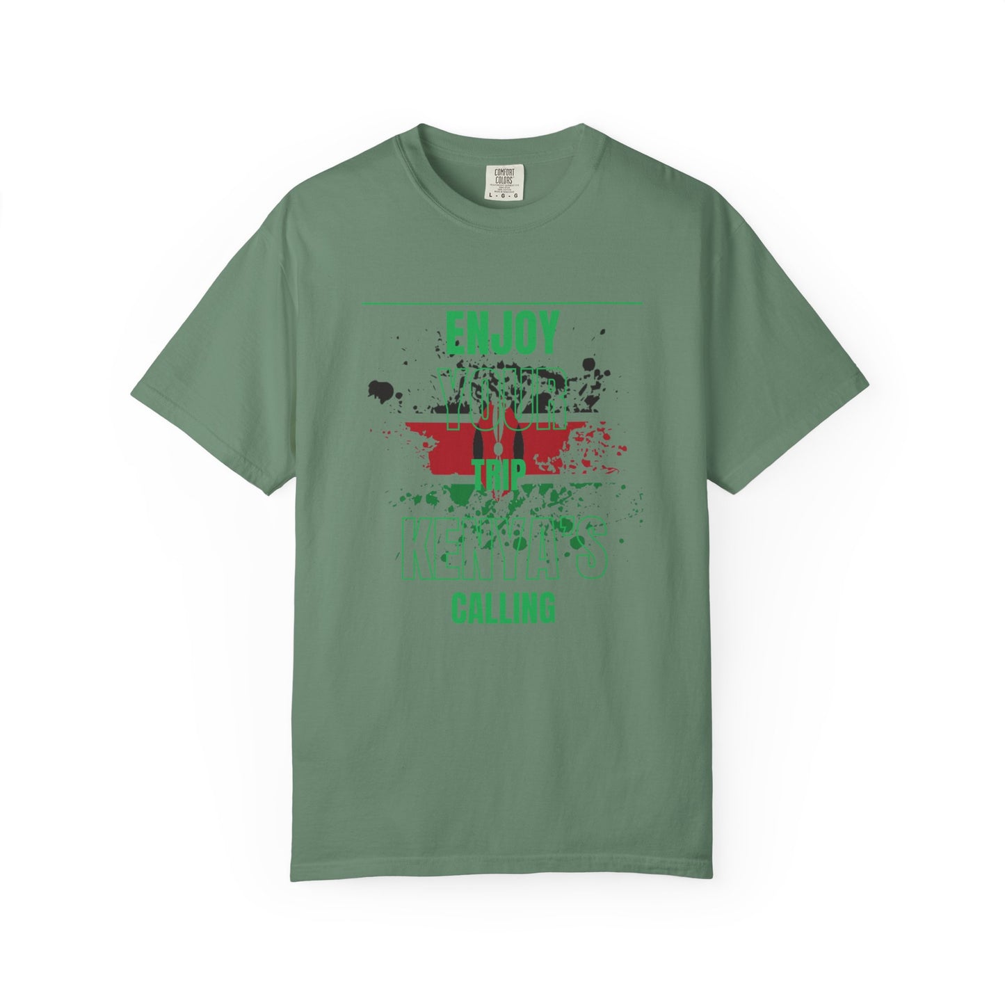Mashafrica olive green T shirt with distressed kenya flag and Enjoy Your Trip travel slogan